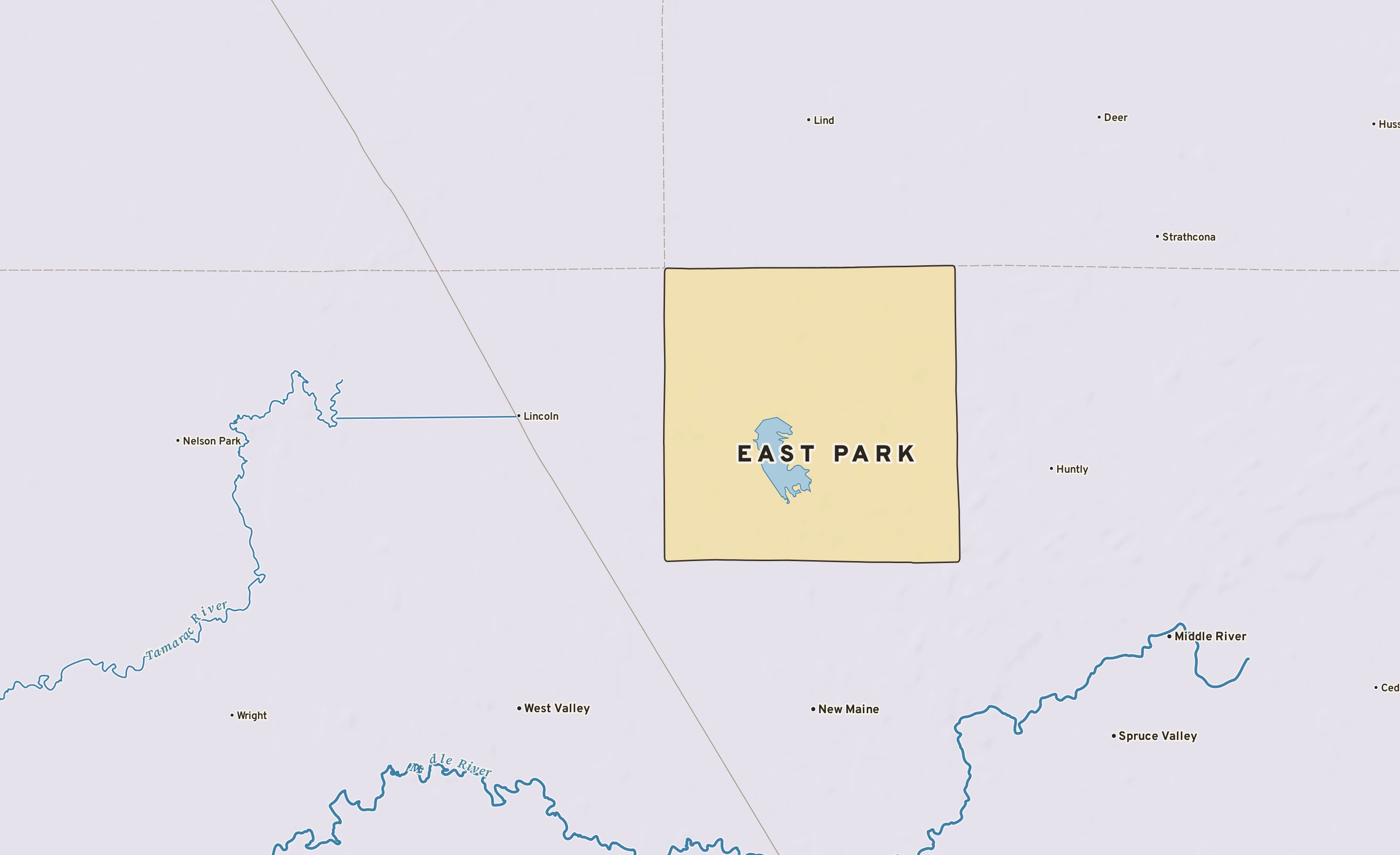 Shaded-relief atlas plate of East Park, Minnesota: rivers, roads, the city limits and where the water drains.