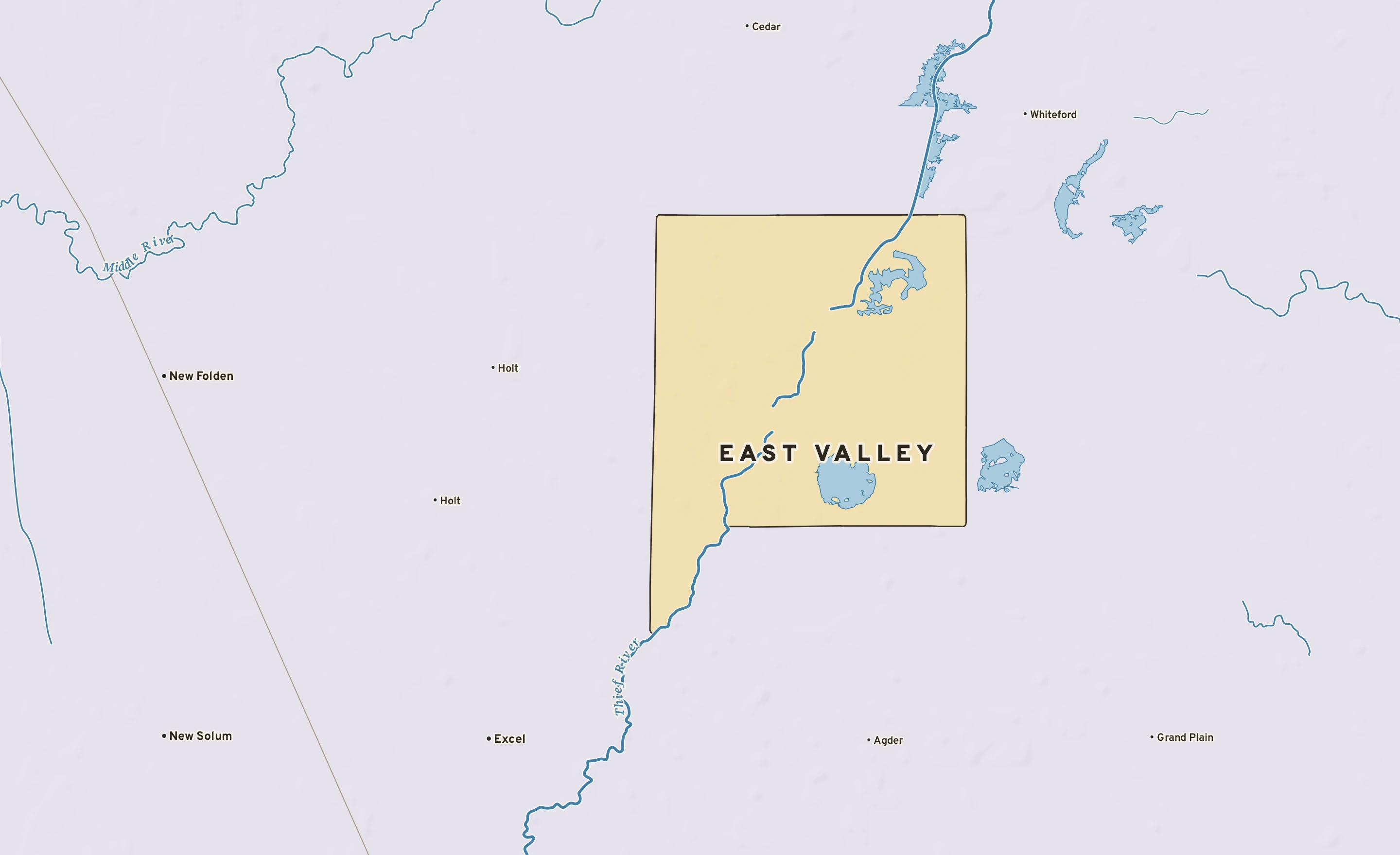 Shaded-relief atlas plate of East Valley, Minnesota: rivers, roads, the city limits and where the water drains.