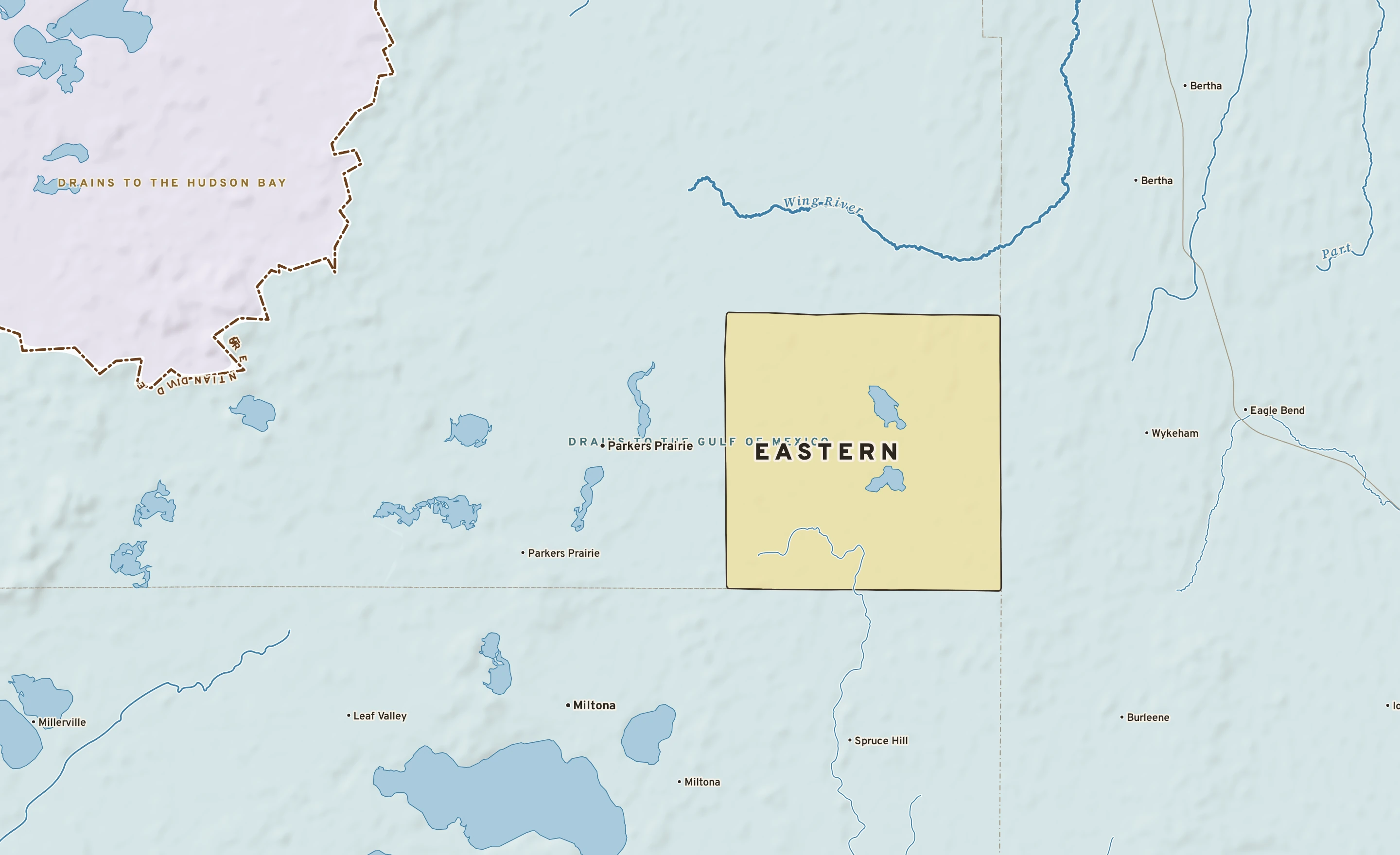 Shaded-relief atlas plate of Eastern, Minnesota: rivers, roads, the city limits and where the water drains.