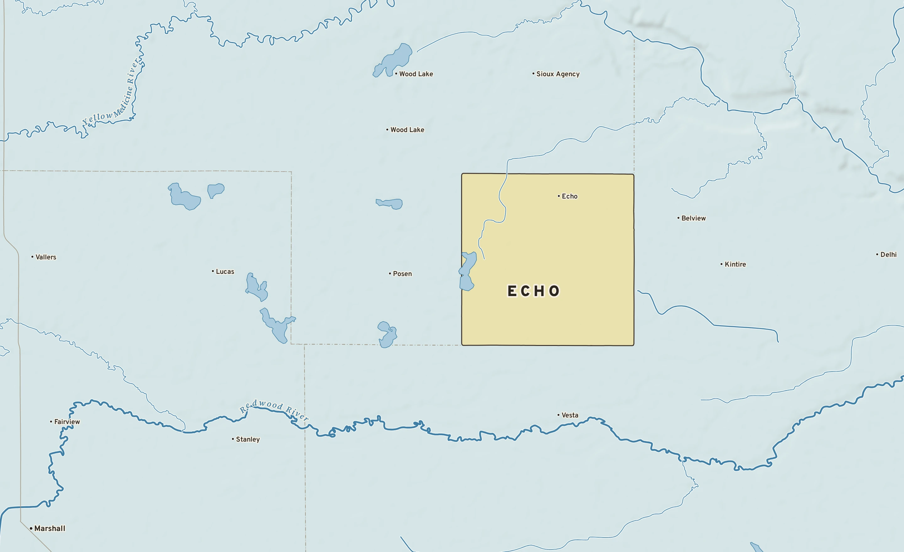 Shaded-relief atlas plate of Echo, Minnesota: rivers, roads, the city limits and where the water drains.