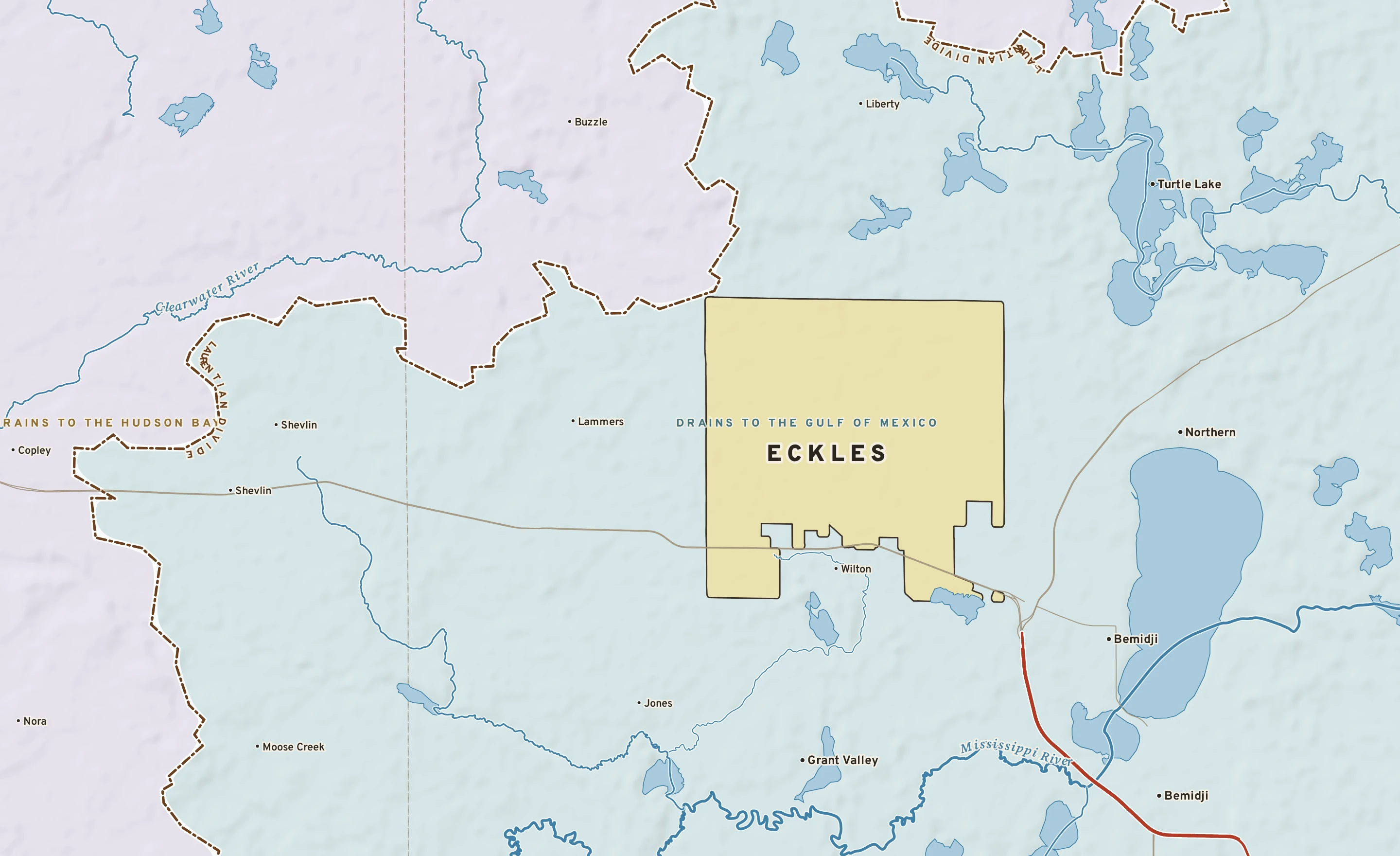 Shaded-relief atlas plate of Eckles, Minnesota: rivers, roads, the city limits and where the water drains.