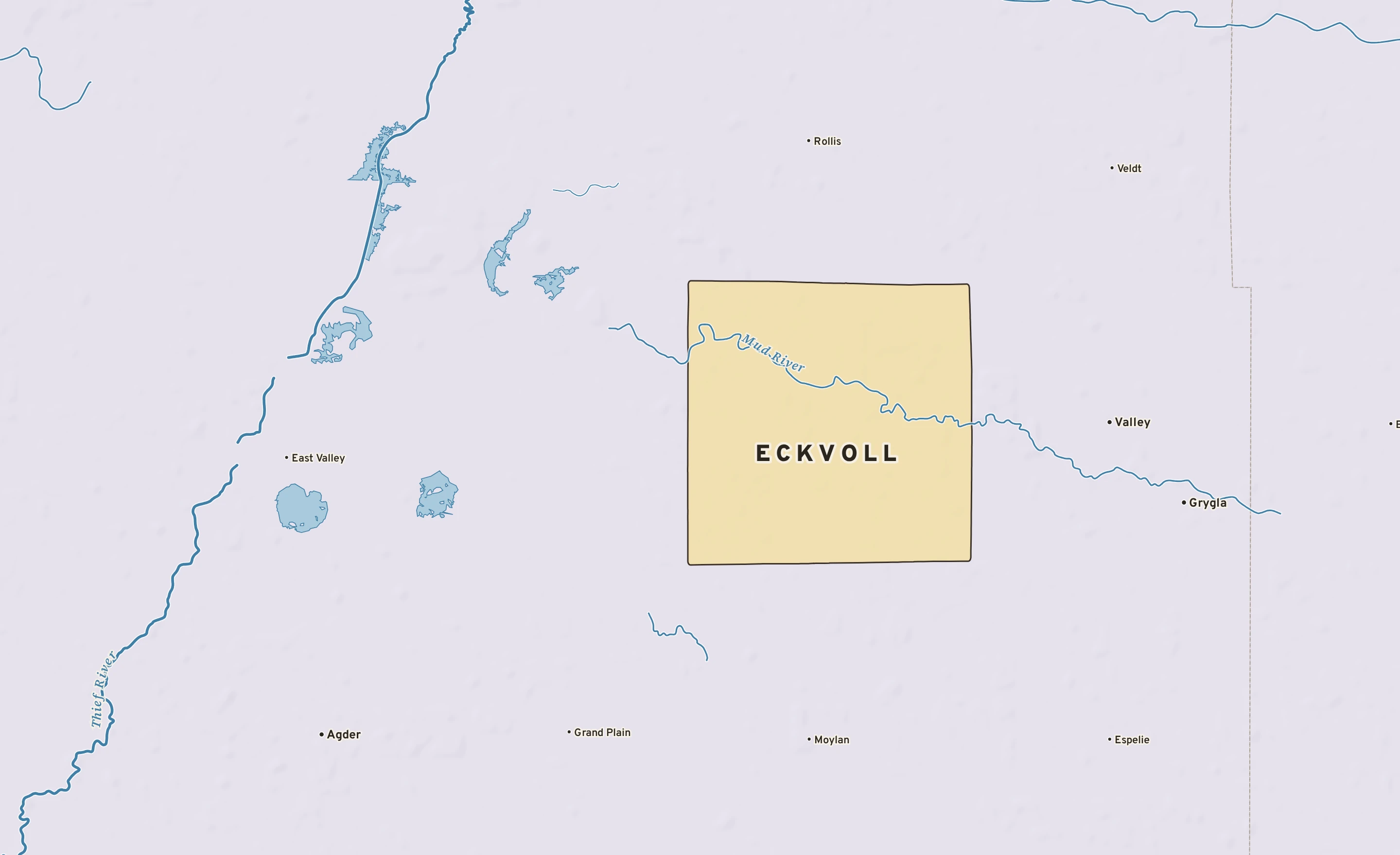 Shaded-relief atlas plate of Eckvoll, Minnesota: rivers, roads, the city limits and where the water drains.
