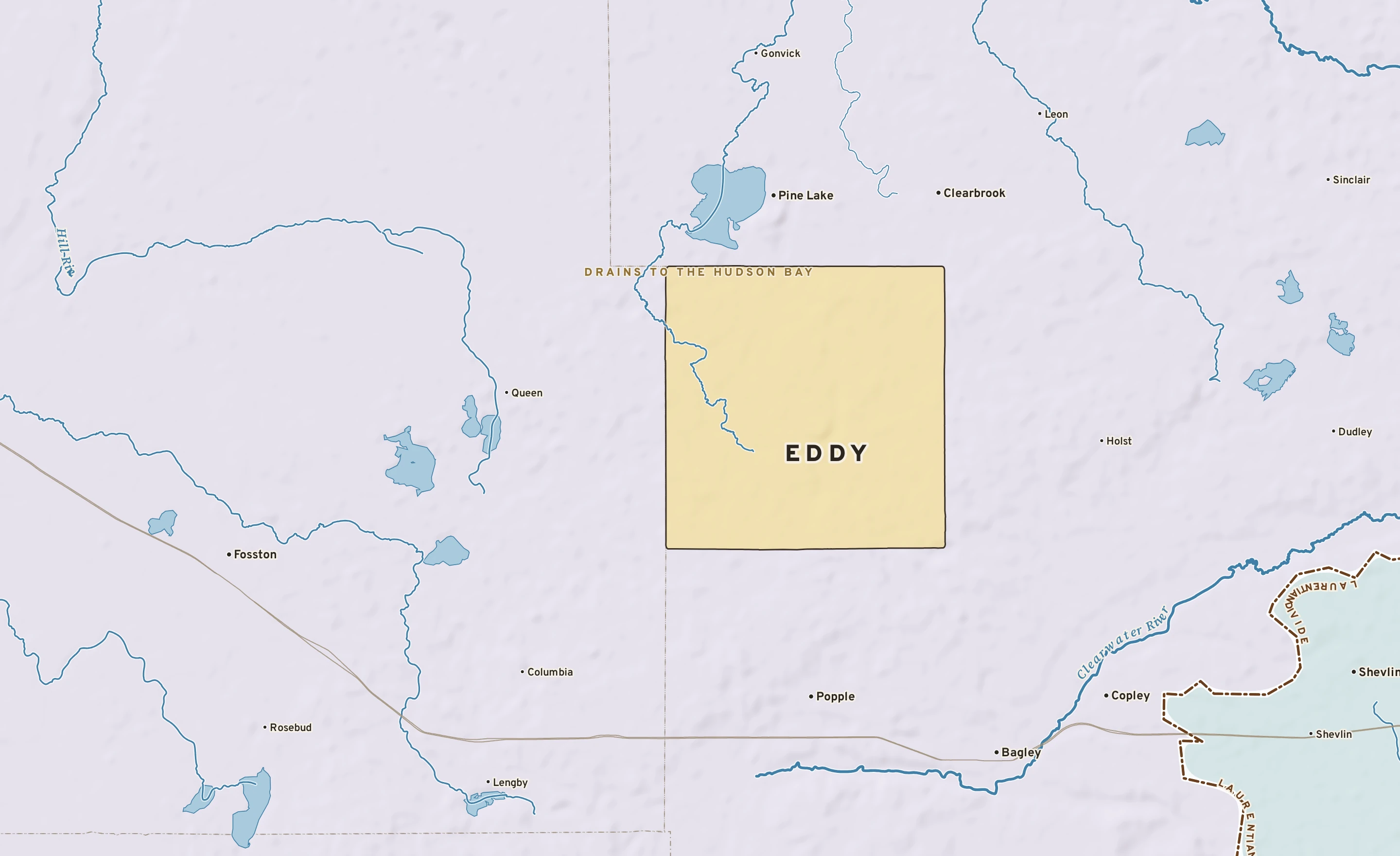 Shaded-relief atlas plate of Eddy, Minnesota: rivers, roads, the city limits and where the water drains.