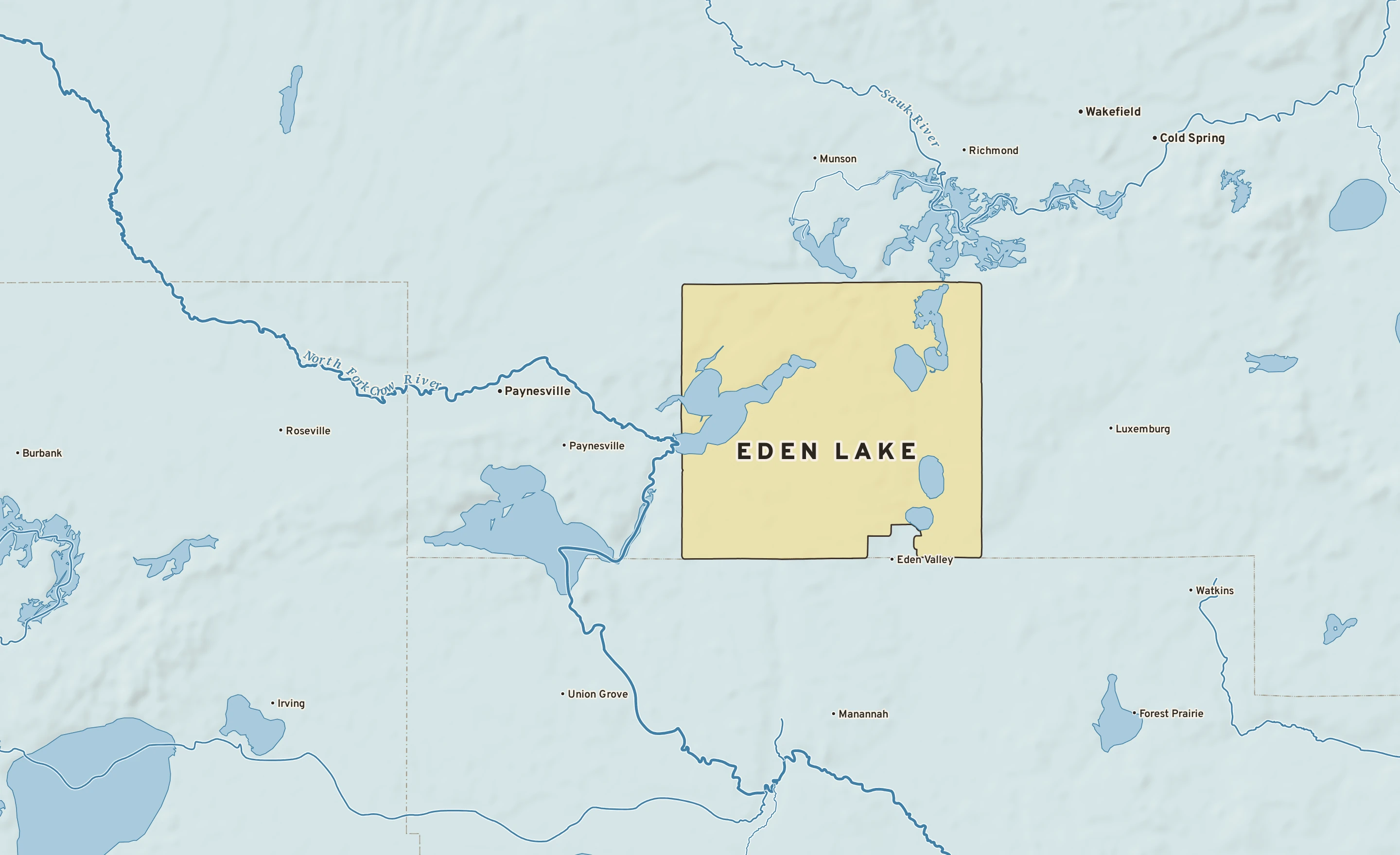 Shaded-relief atlas plate of Eden Lake, Minnesota: rivers, roads, the city limits and where the water drains.
