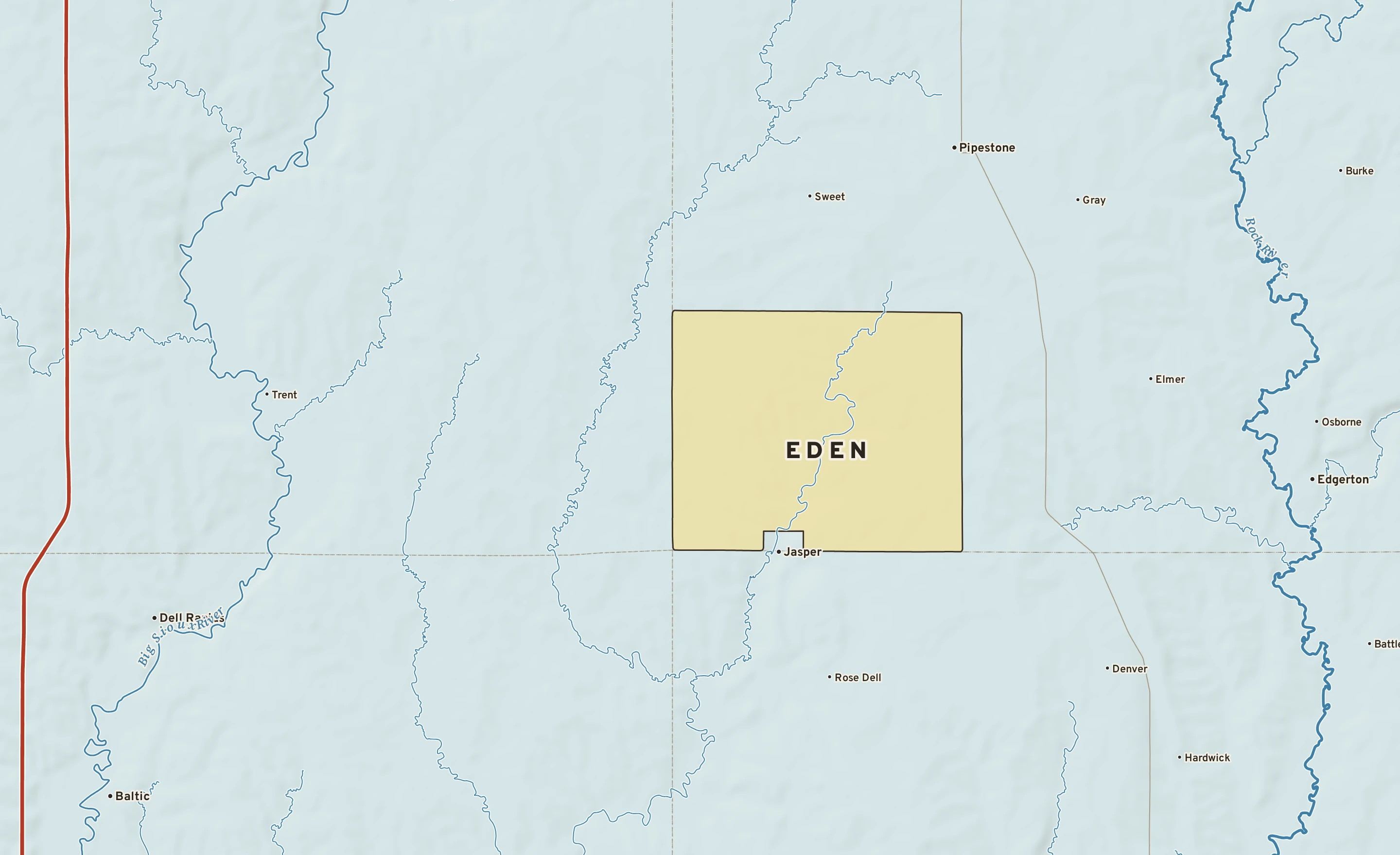 Shaded-relief atlas plate of Eden, Minnesota: rivers, roads, the city limits and where the water drains.