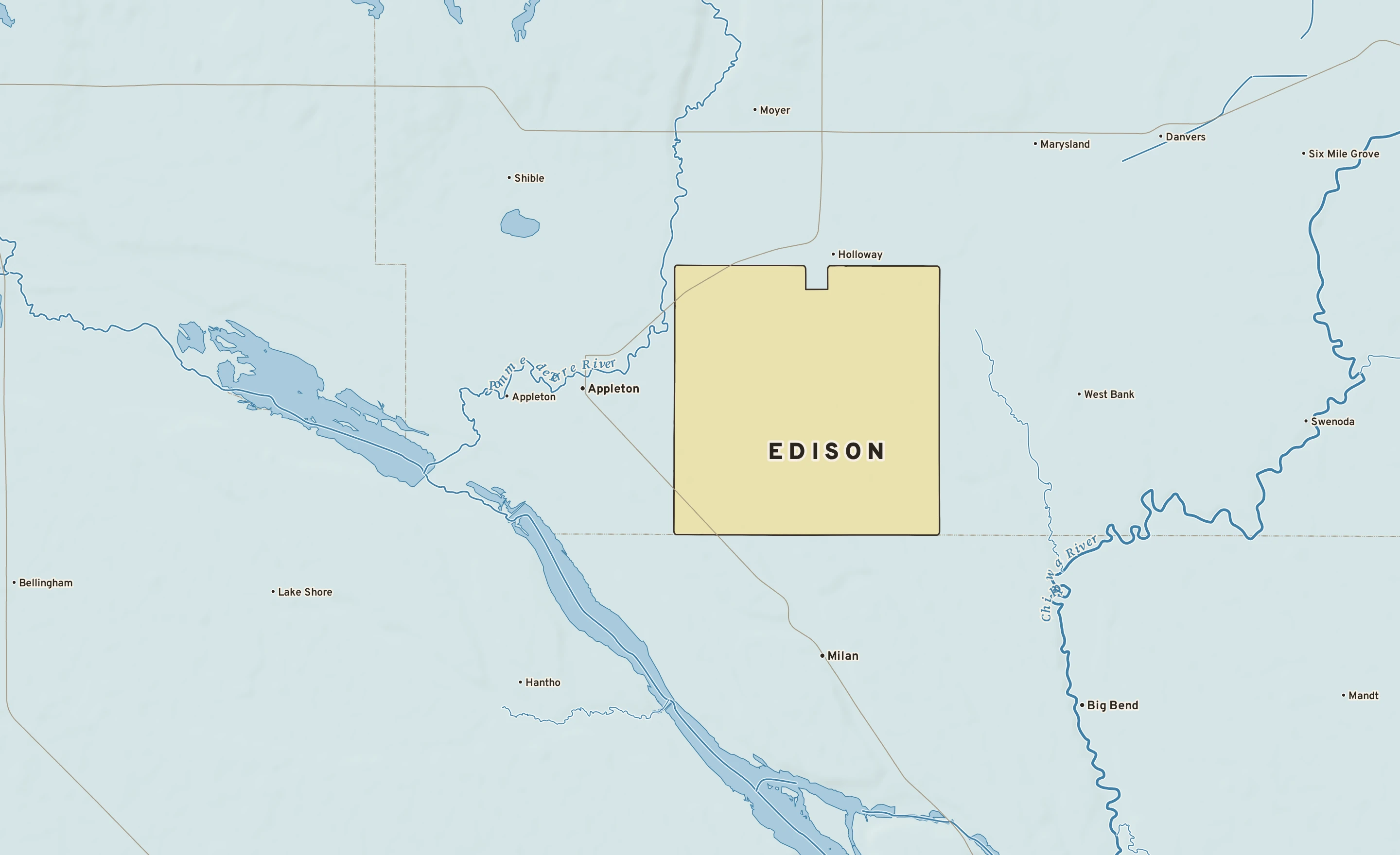 Shaded-relief atlas plate of Edison, Minnesota: rivers, roads, the city limits and where the water drains.