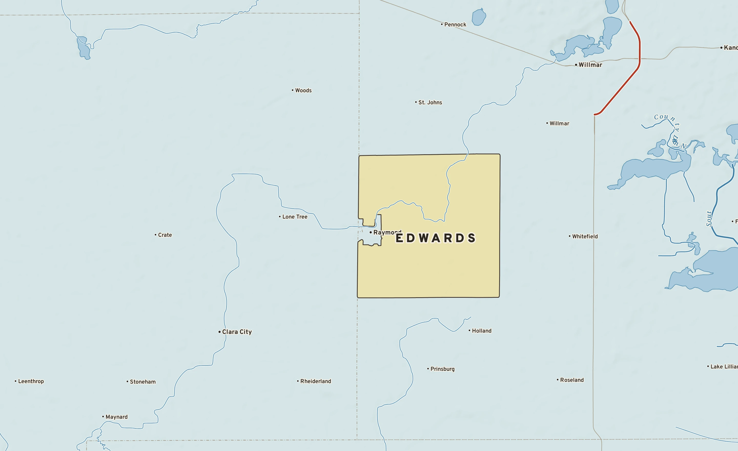 Shaded-relief atlas plate of Edwards, Minnesota: rivers, roads, the city limits and where the water drains.