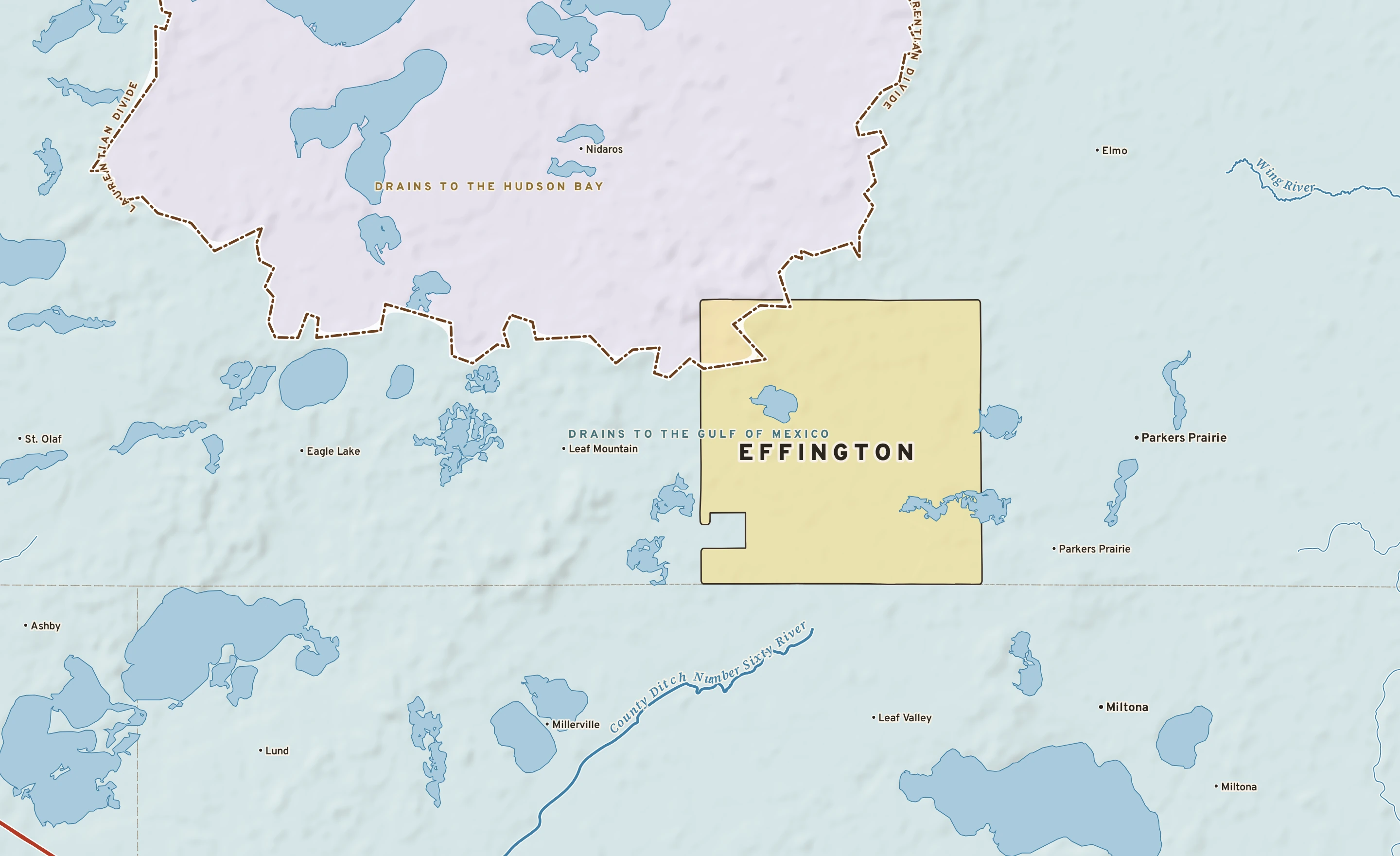 Shaded-relief atlas plate of Effington, Minnesota: rivers, roads, the city limits and where the water drains.