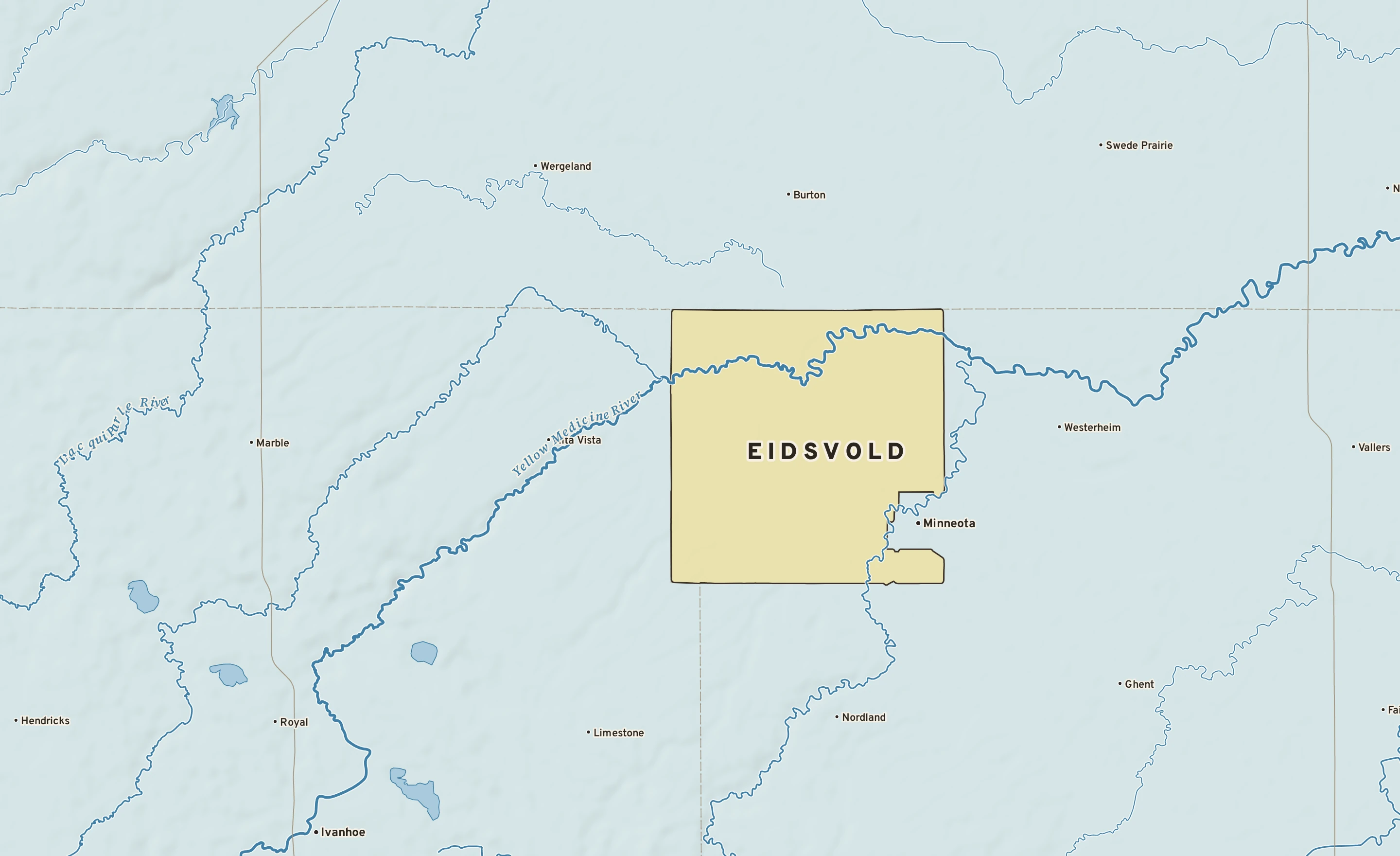 Shaded-relief atlas plate of Eidsvold, Minnesota: rivers, roads, the city limits and where the water drains.