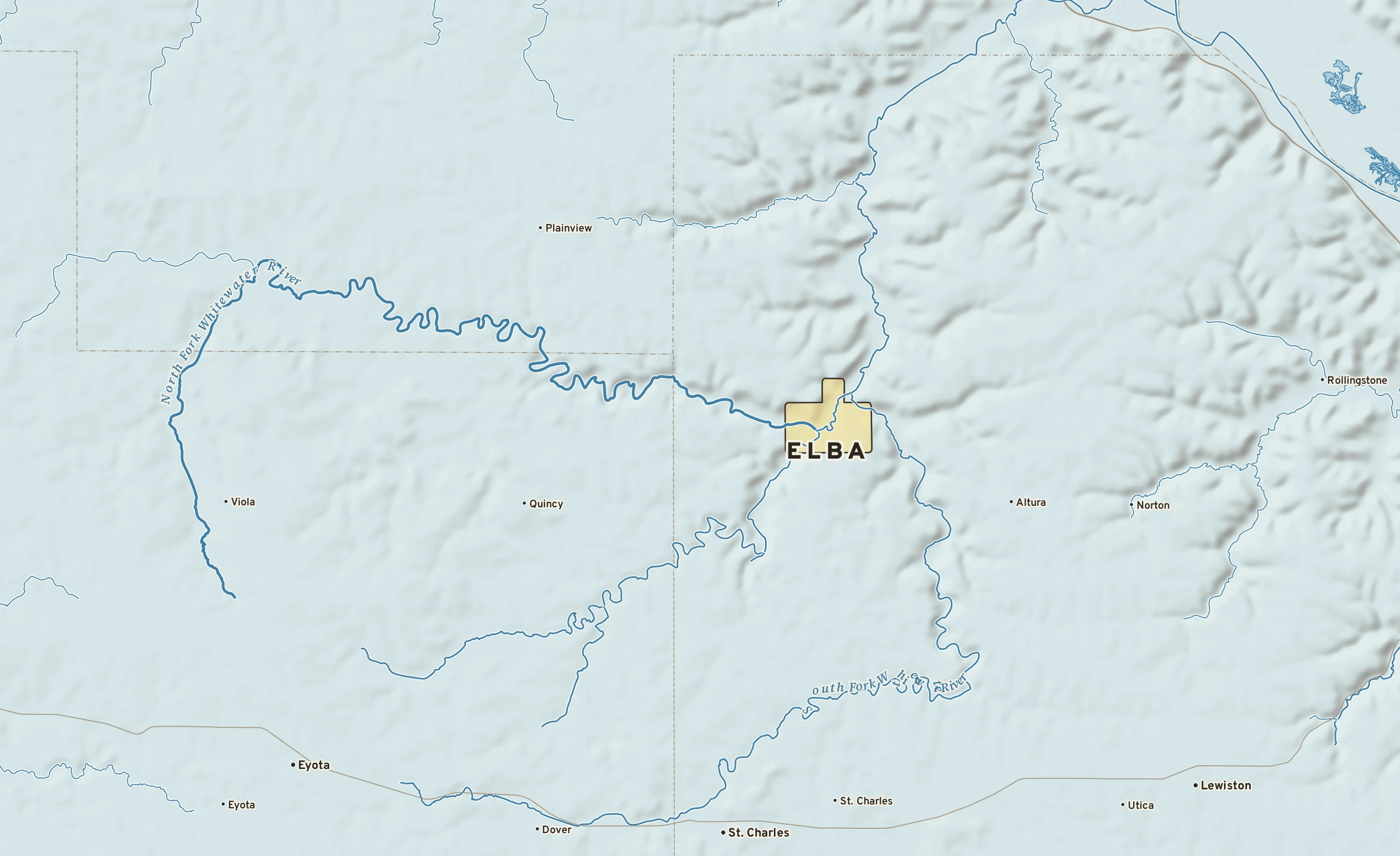 Shaded-relief atlas plate of Elba, Minnesota: rivers, roads, the city limits and where the water drains.