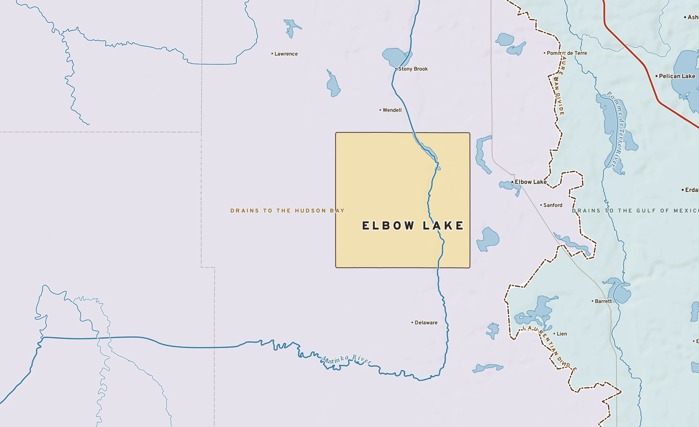 Shaded-relief atlas plate of Elbow Lake, Minnesota: rivers, roads, the city limits and where the water drains.