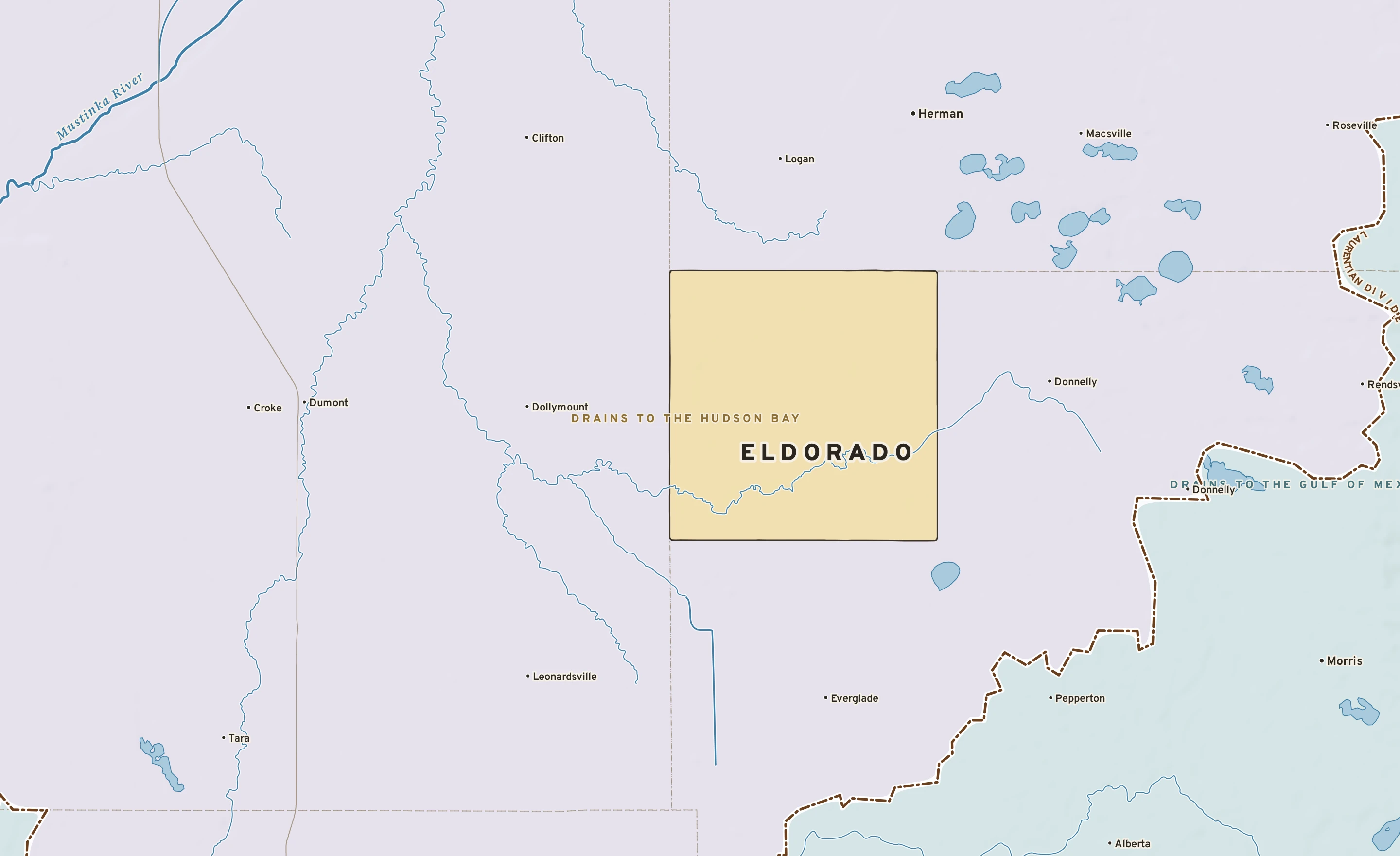 Shaded-relief atlas plate of Eldorado, Minnesota: rivers, roads, the city limits and where the water drains.