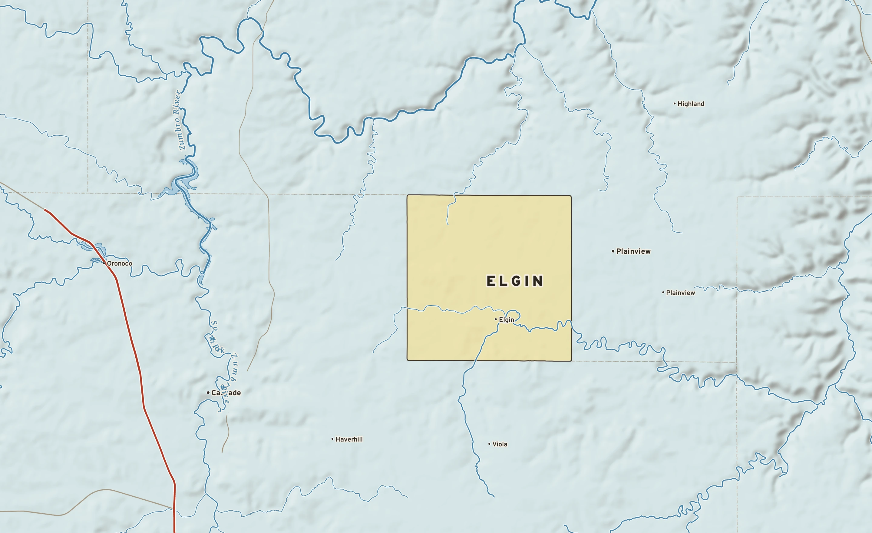 Shaded-relief atlas plate of Elgin, Minnesota: rivers, roads, the city limits and where the water drains.
