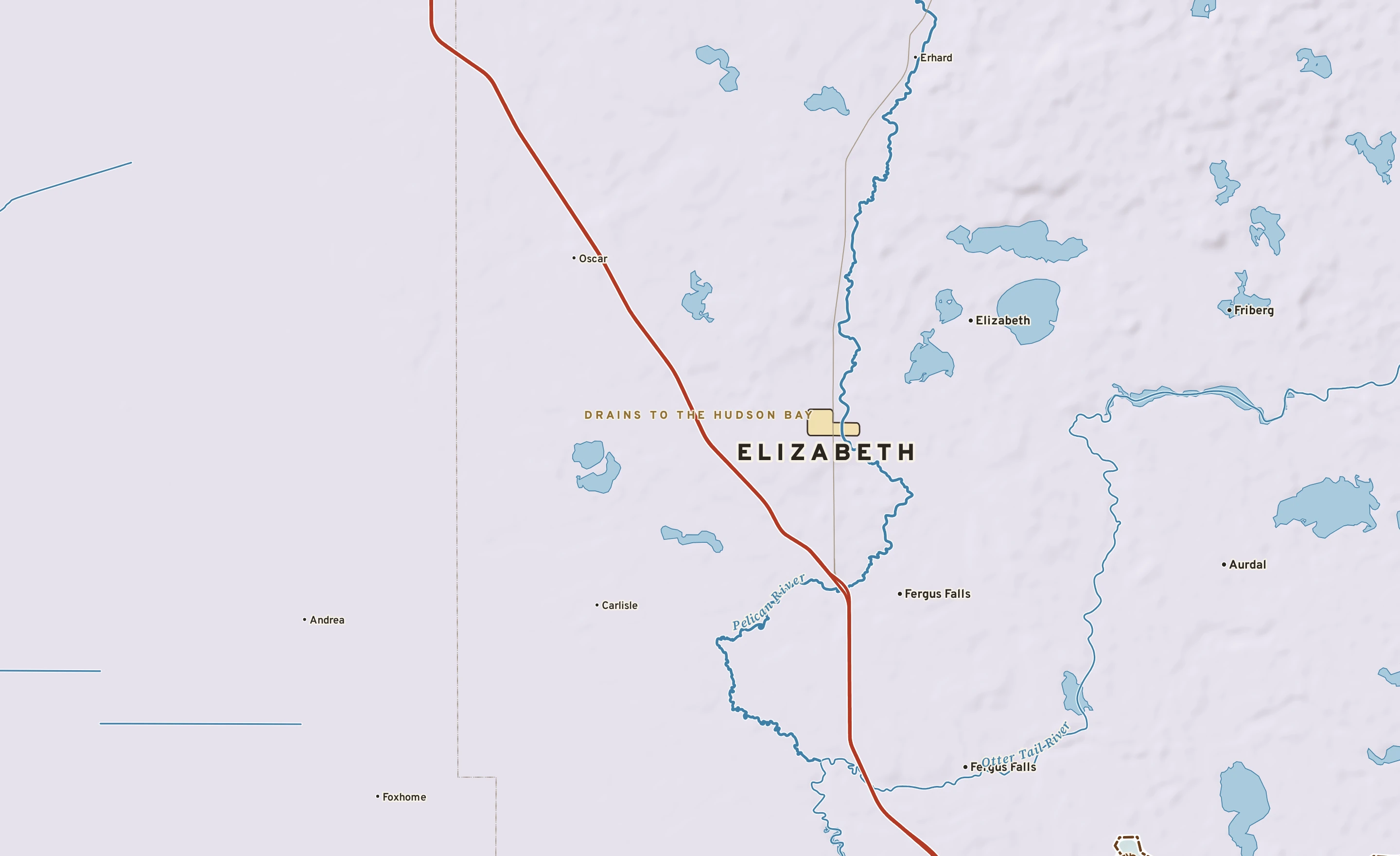 Shaded-relief atlas plate of Elizabeth, Minnesota: rivers, roads, the city limits and where the water drains.