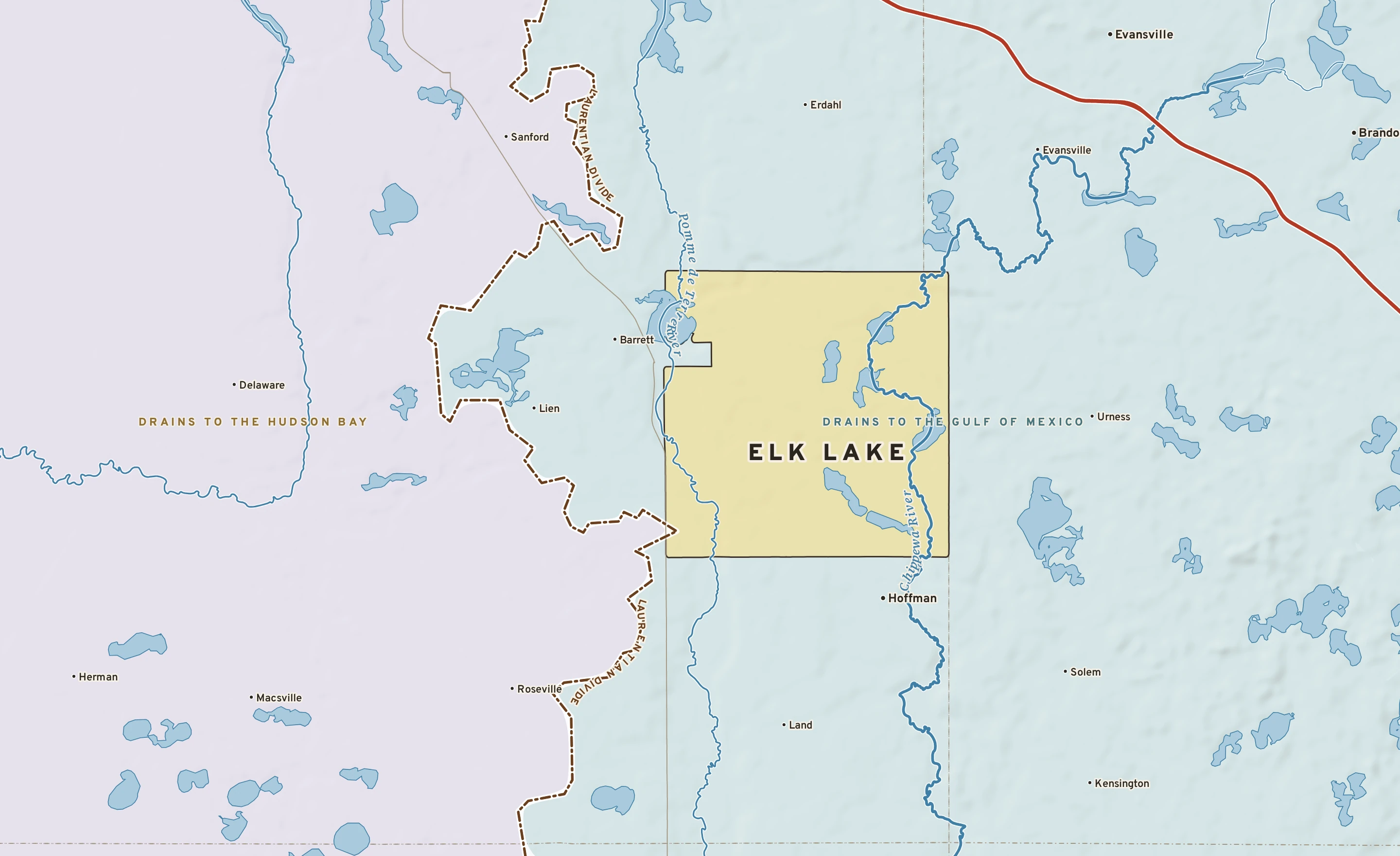 Shaded-relief atlas plate of Elk Lake, Minnesota: rivers, roads, the city limits and where the water drains.