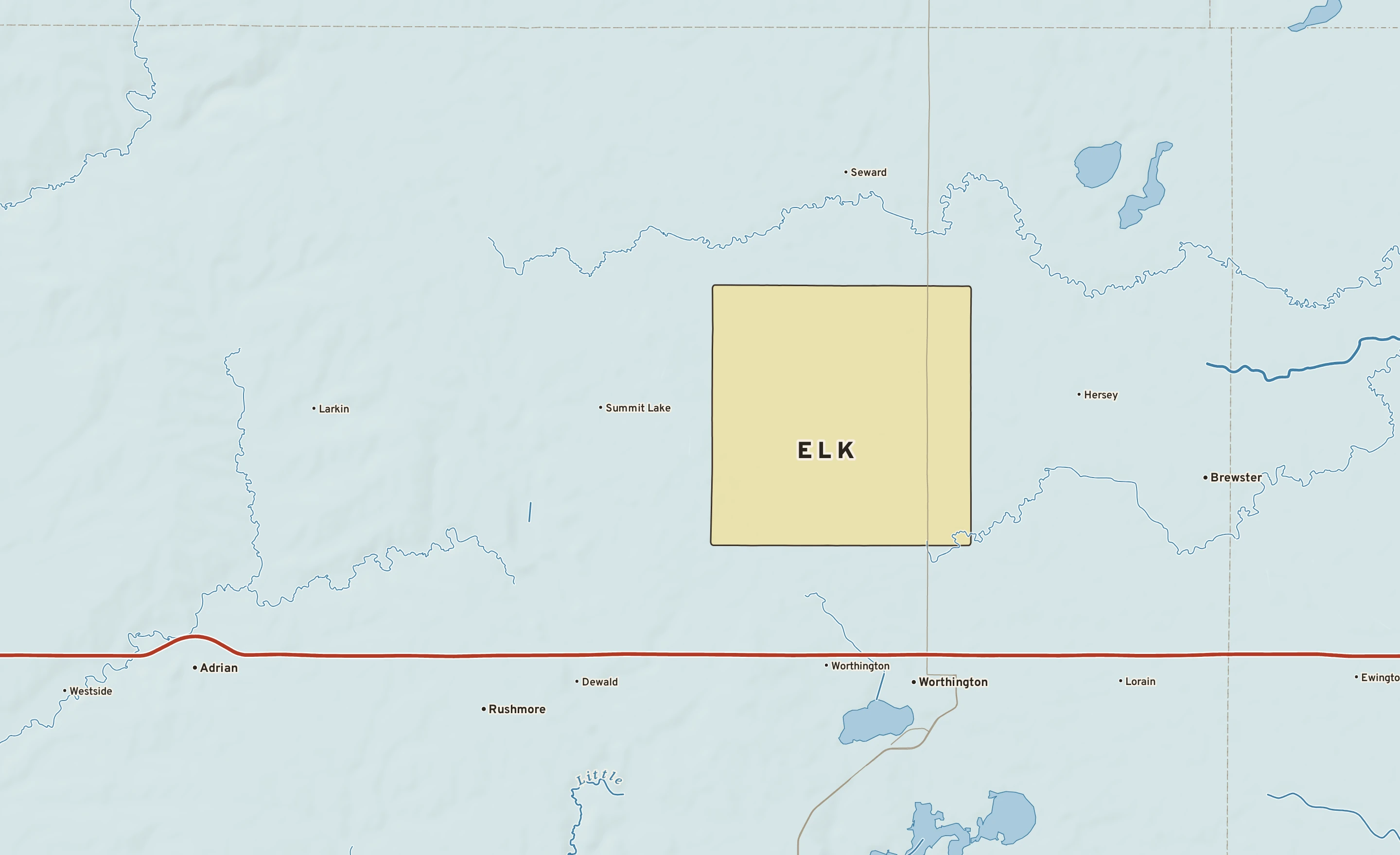 Shaded-relief atlas plate of Elk, Minnesota: rivers, roads, the city limits and where the water drains.