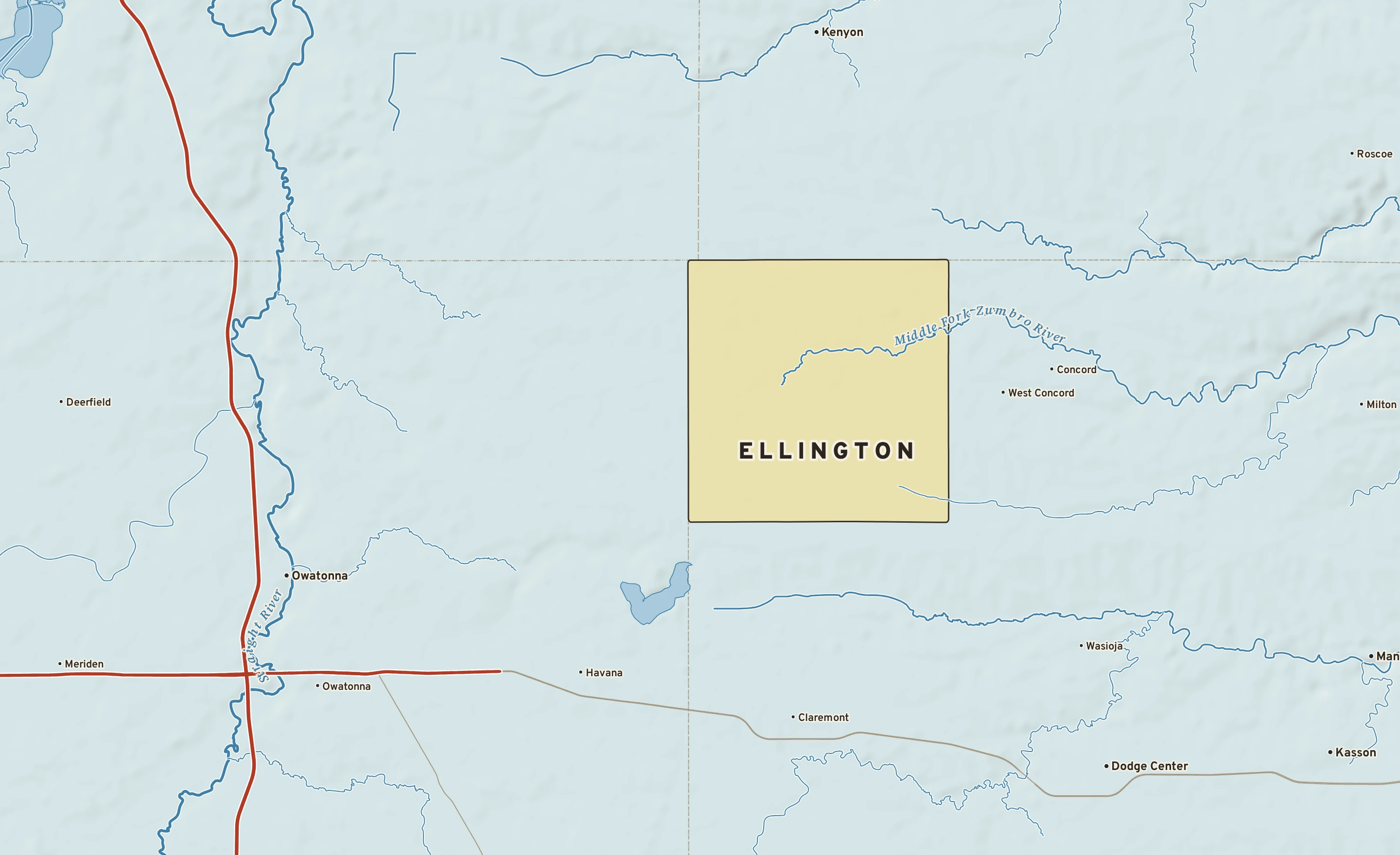Shaded-relief atlas plate of Ellington, Minnesota: rivers, roads, the city limits and where the water drains.
