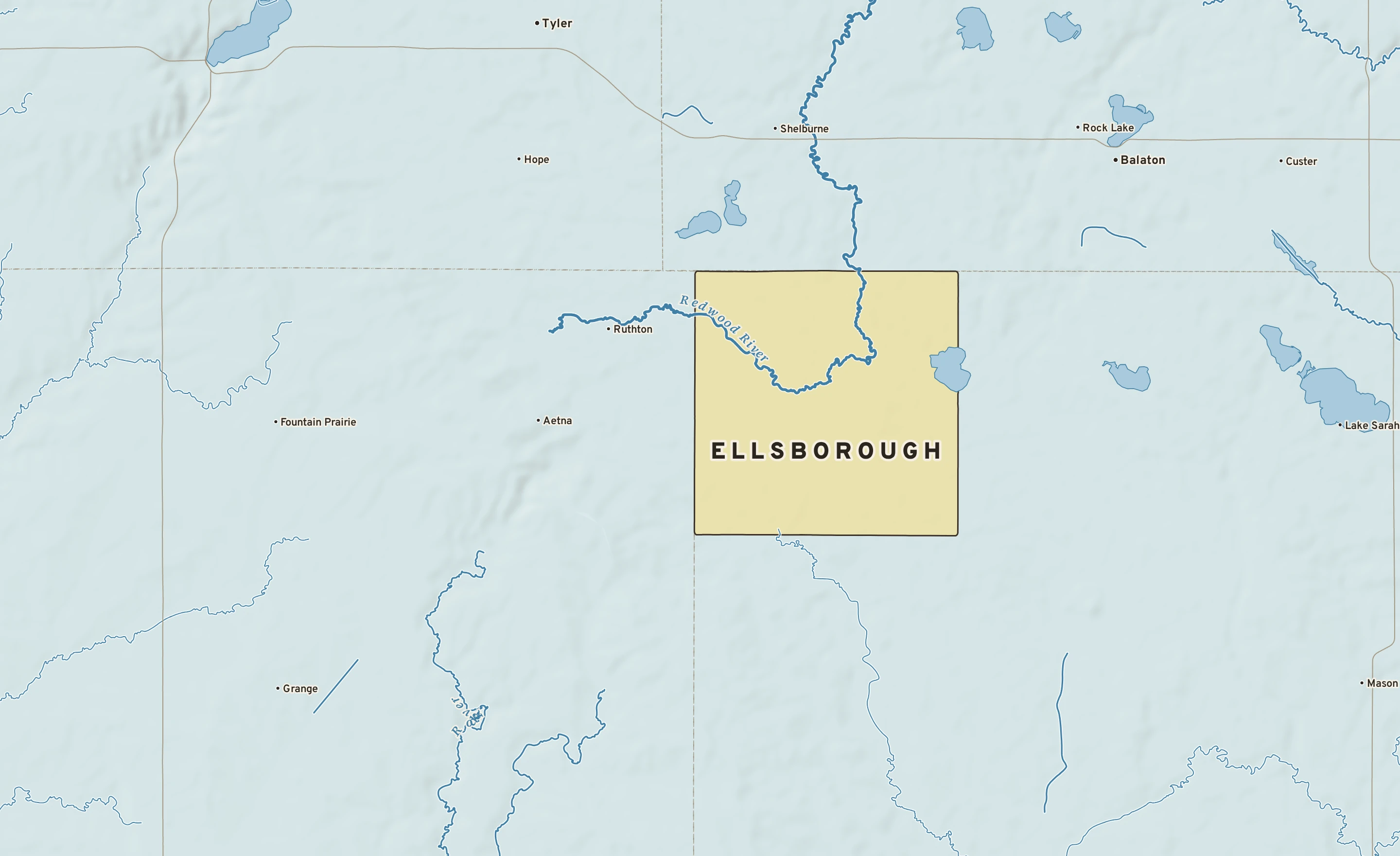 Shaded-relief atlas plate of Ellsborough, Minnesota: rivers, roads, the city limits and where the water drains.