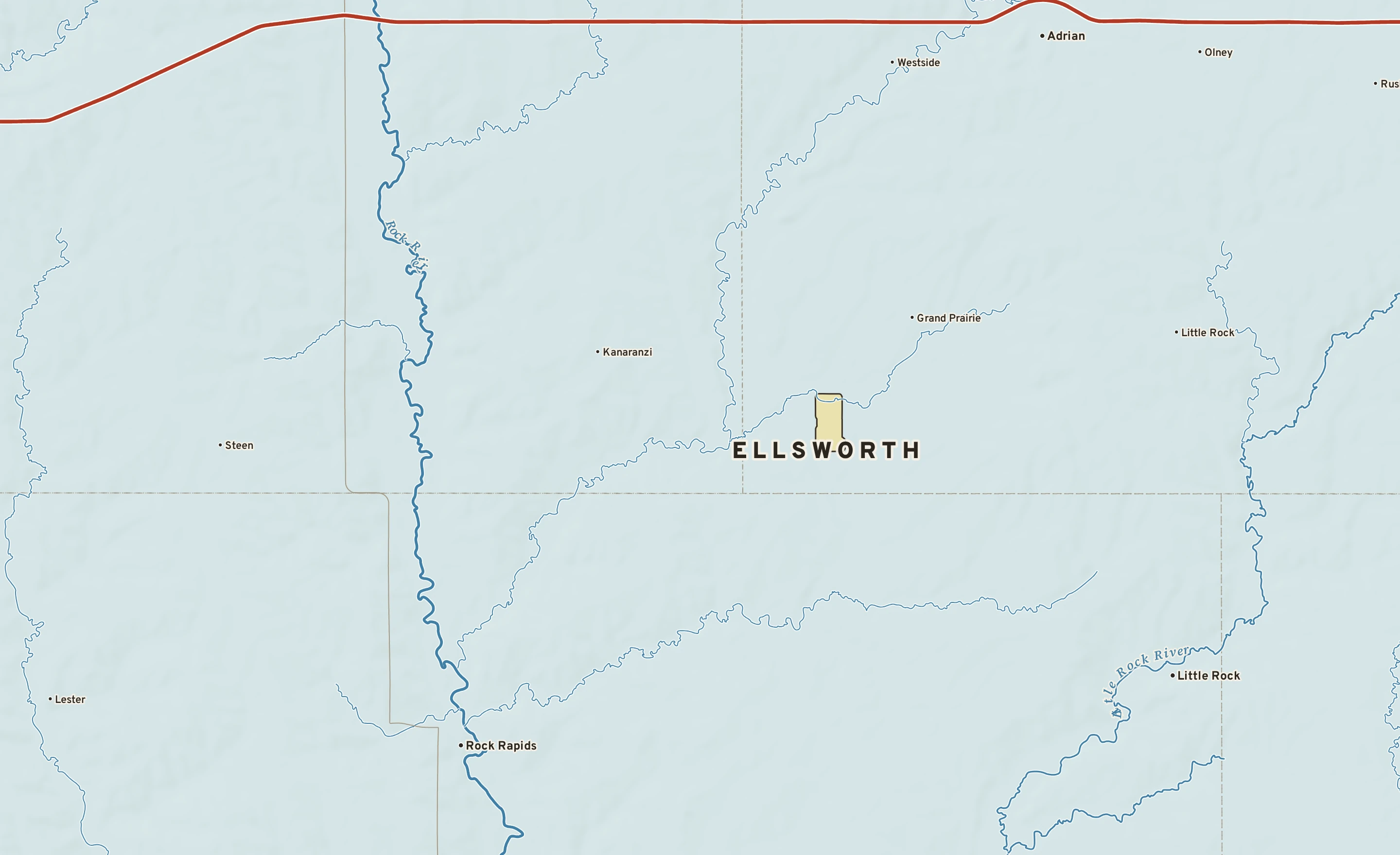 Shaded-relief atlas plate of Ellsworth, Minnesota: rivers, roads, the city limits and where the water drains.