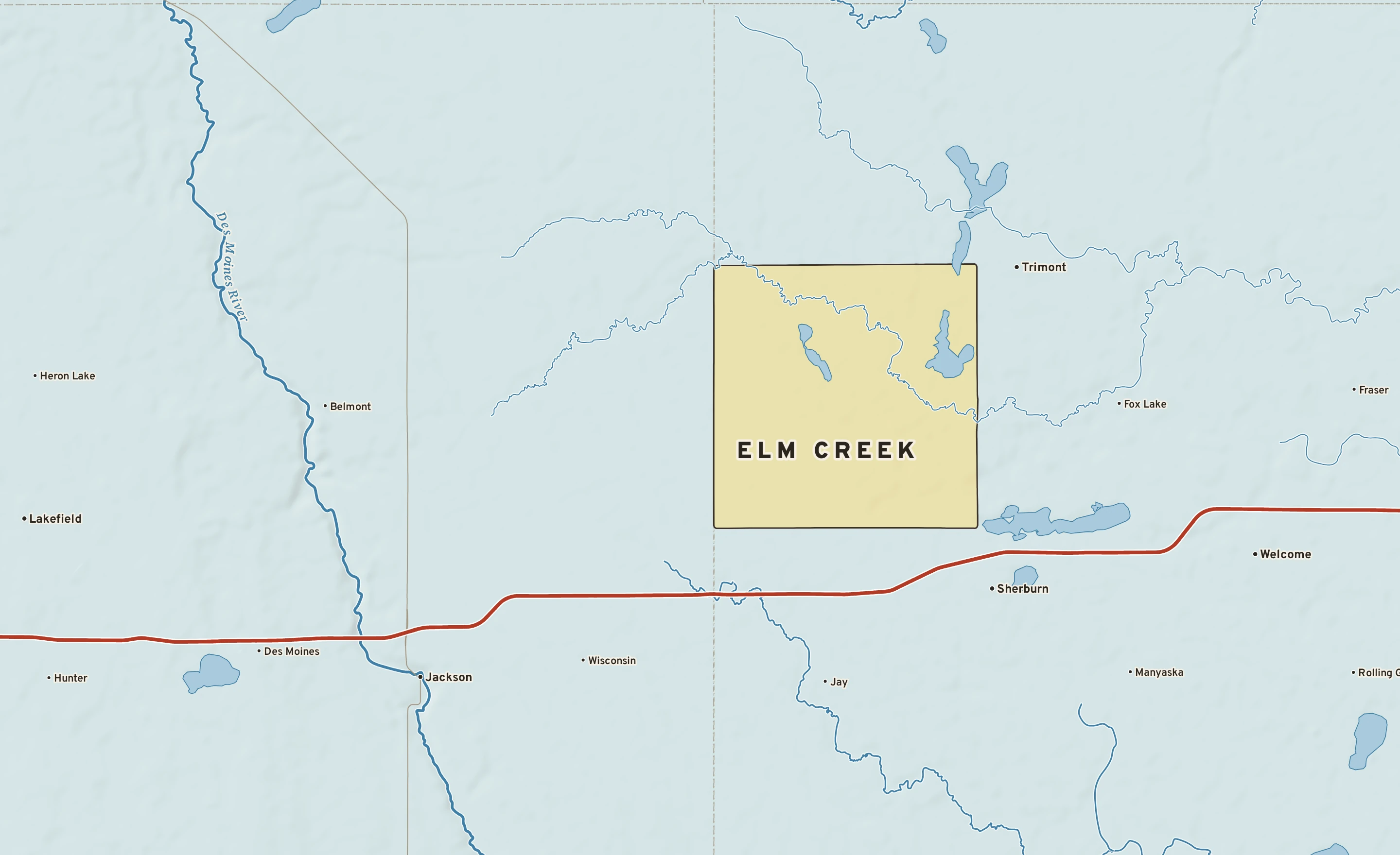 Shaded-relief atlas plate of Elm Creek, Minnesota: rivers, roads, the city limits and where the water drains.