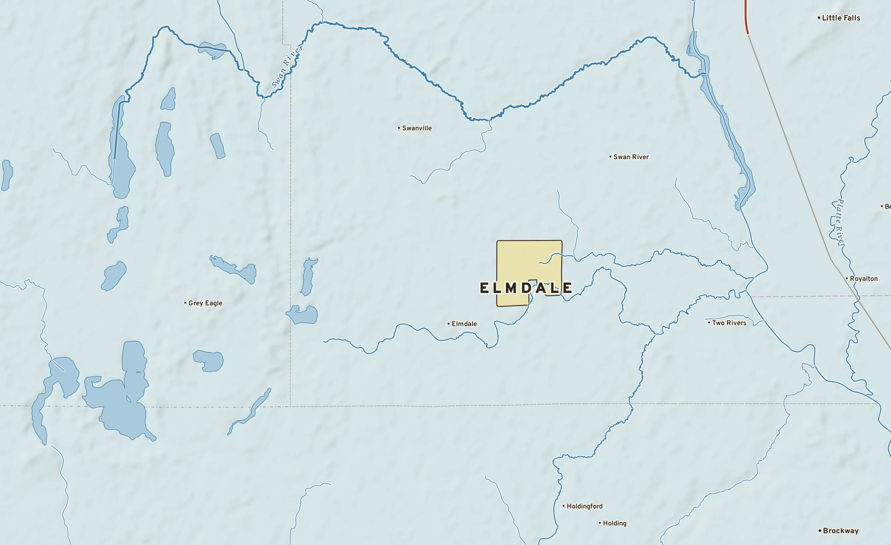Shaded-relief atlas plate of Elmdale, Minnesota: rivers, roads, the city limits and where the water drains.