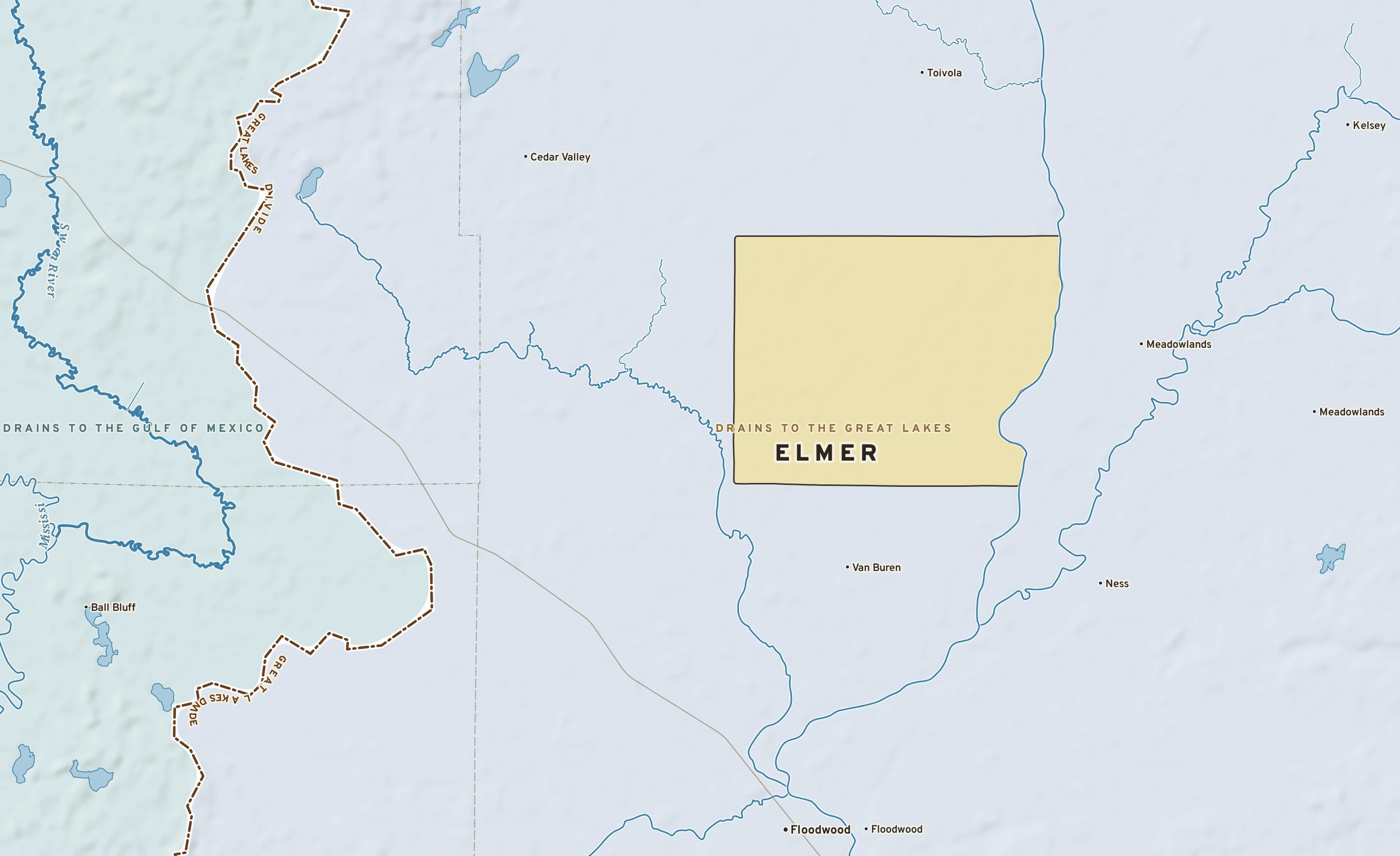 Shaded-relief atlas plate of Elmer, Minnesota: rivers, roads, the city limits and where the water drains.