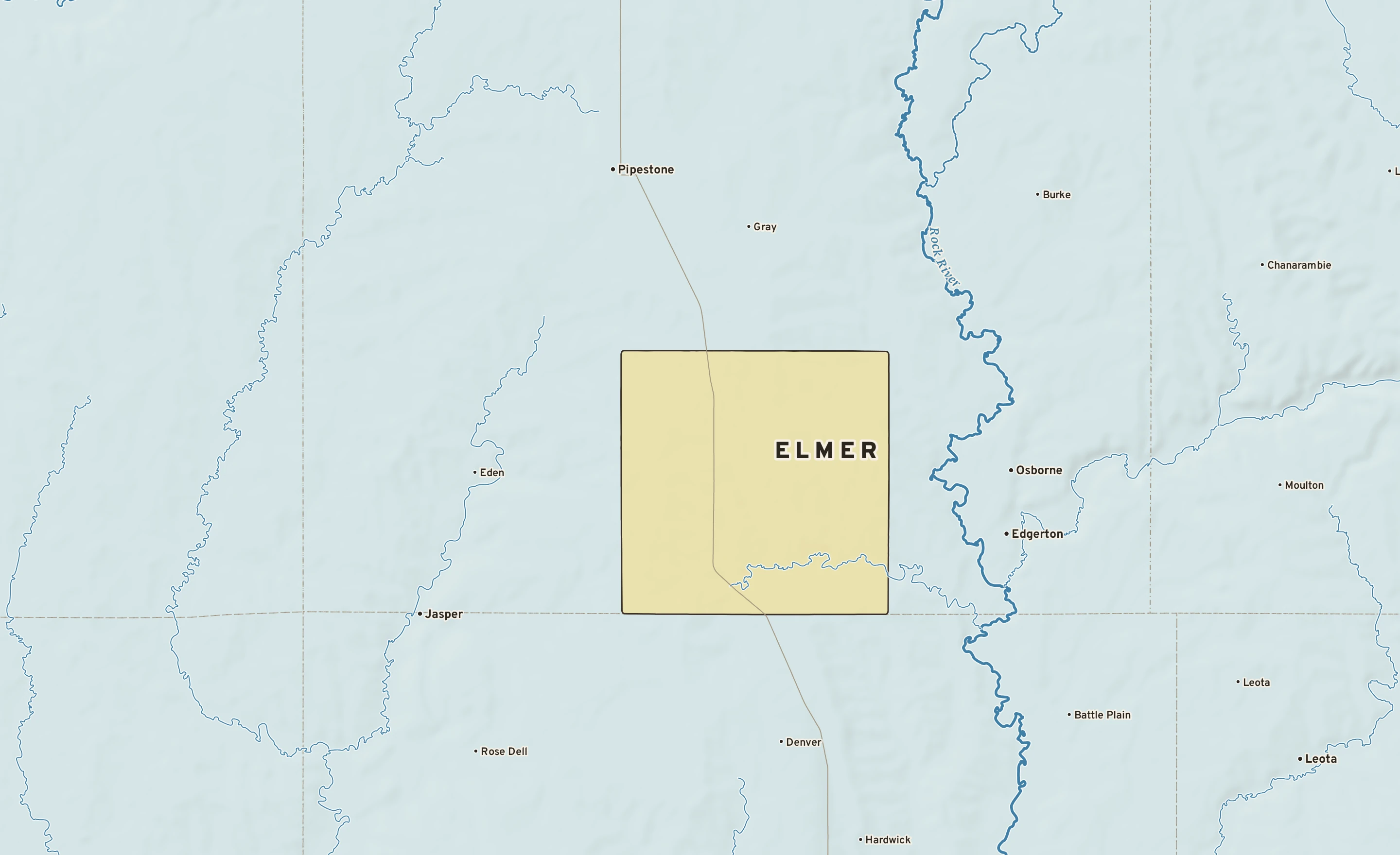 Shaded-relief atlas plate of Elmer, Minnesota: rivers, roads, the city limits and where the water drains.