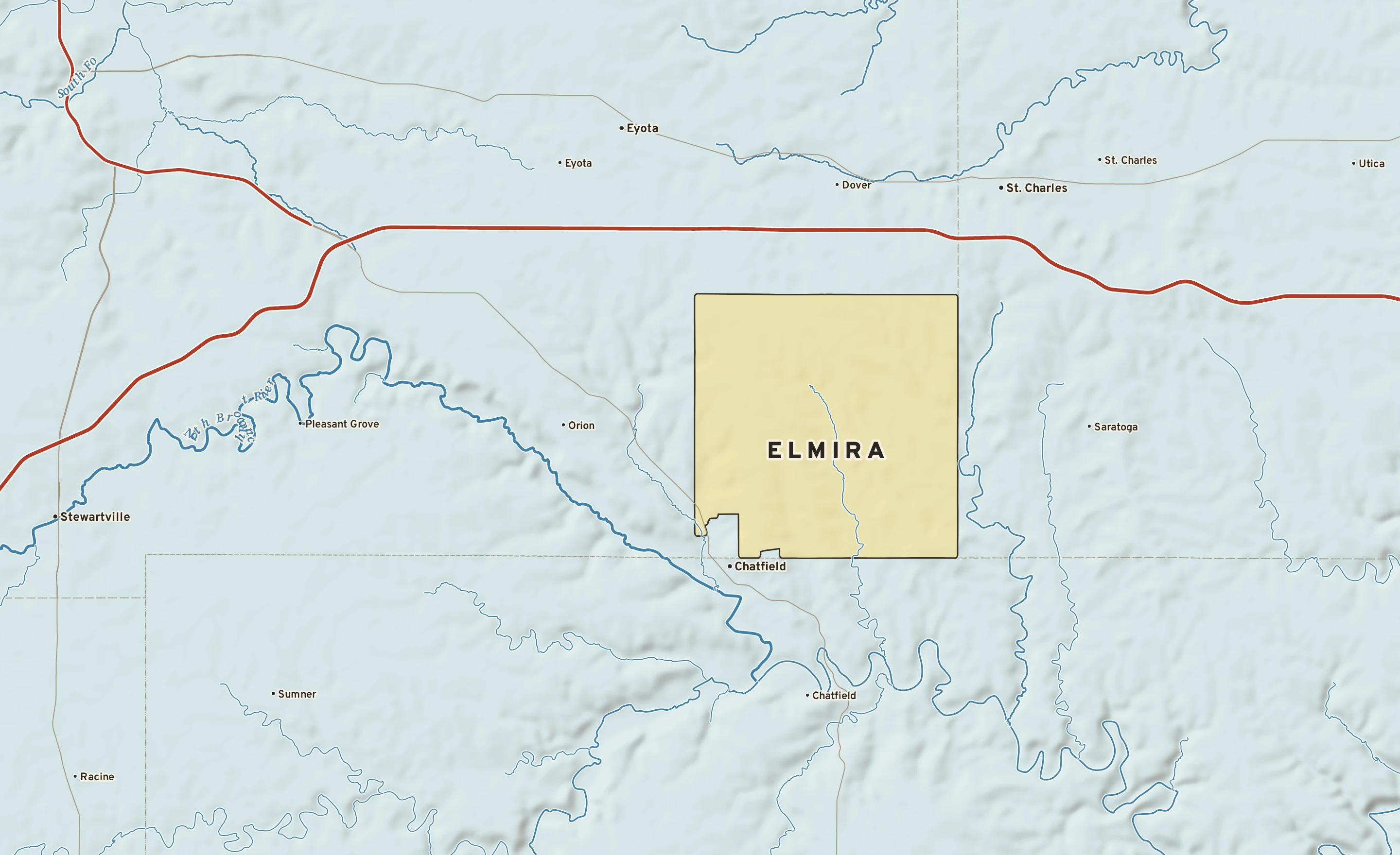 Shaded-relief atlas plate of Elmira, Minnesota: rivers, roads, the city limits and where the water drains.