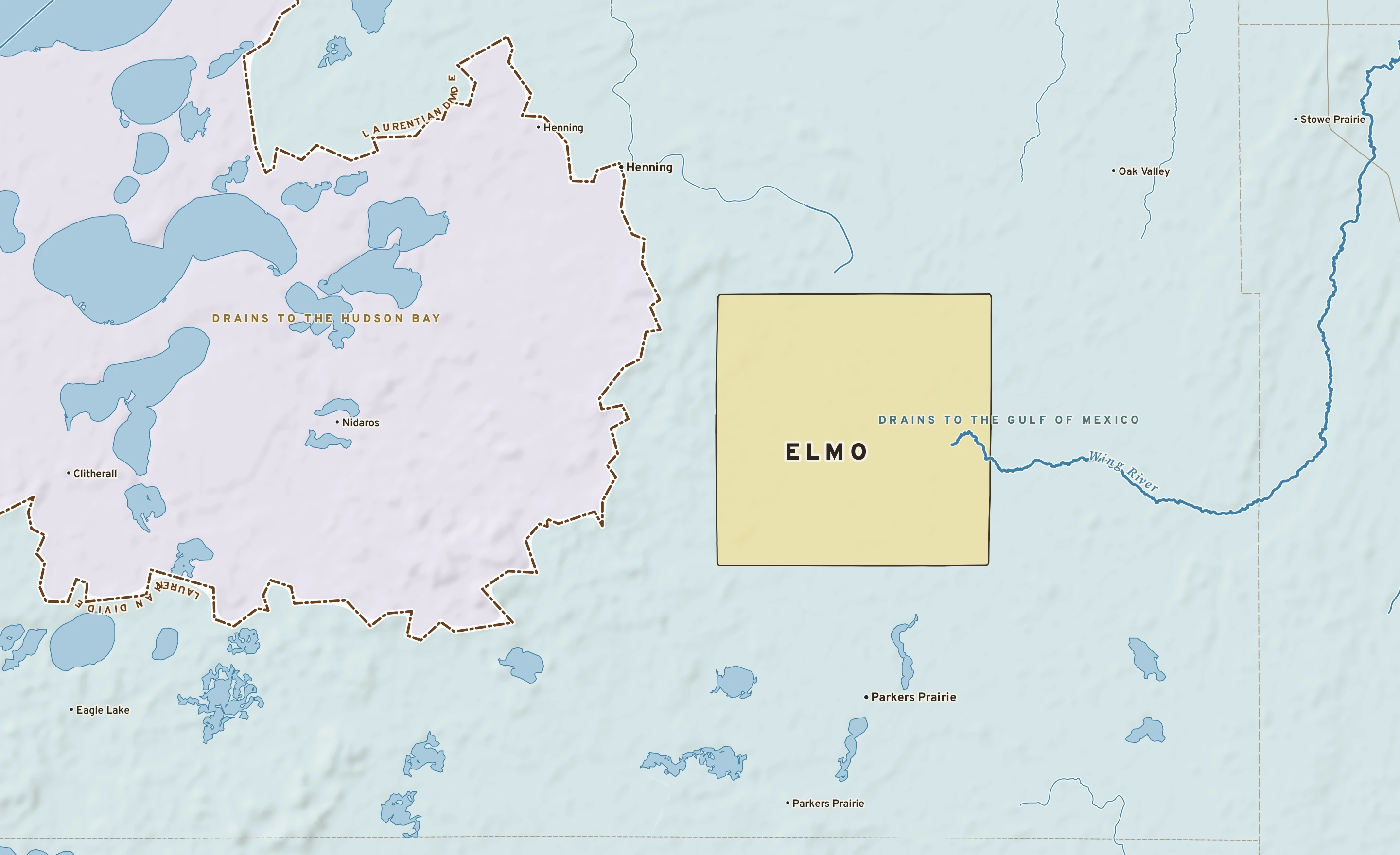 Shaded-relief atlas plate of Elmo, Minnesota: rivers, roads, the city limits and where the water drains.