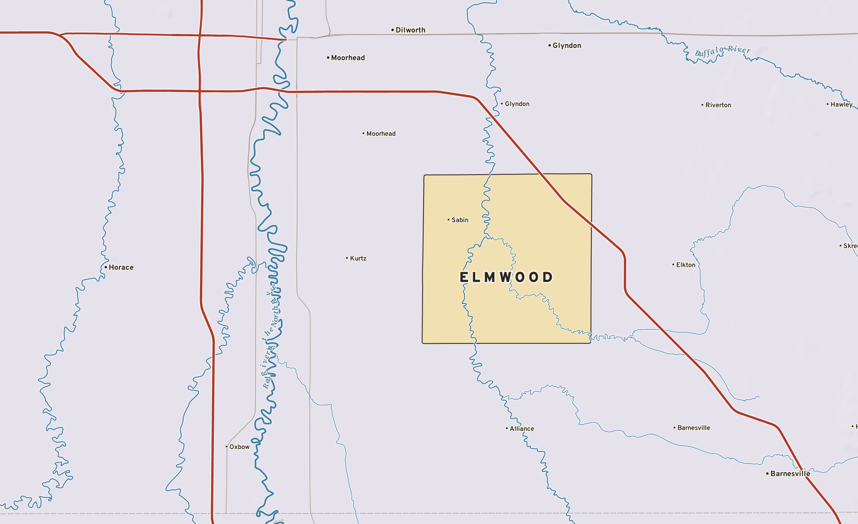 Shaded-relief atlas plate of Elmwood, Minnesota: rivers, roads, the city limits and where the water drains.