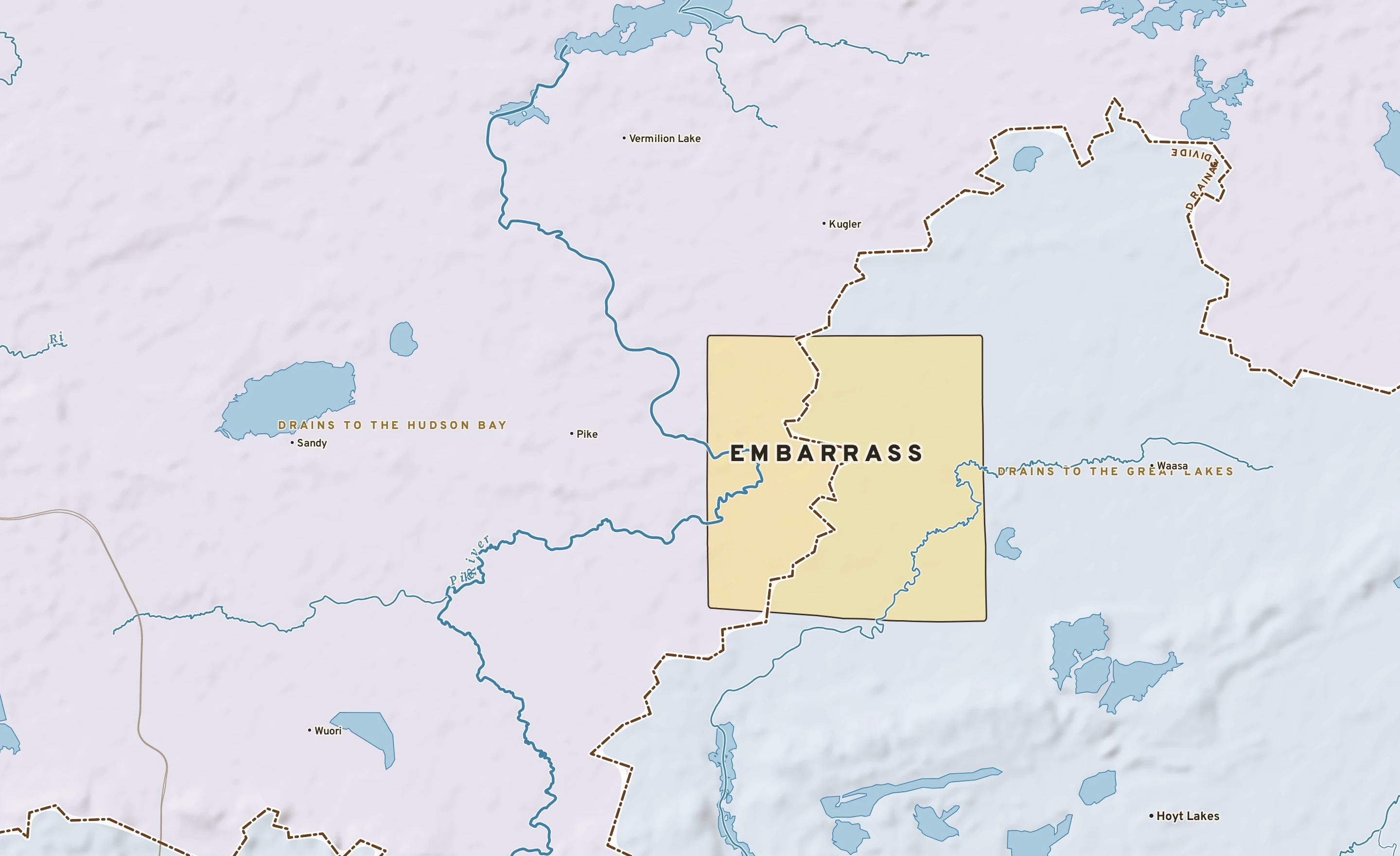 Shaded-relief atlas plate of Embarrass, Minnesota: rivers, roads, the city limits and where the water drains.