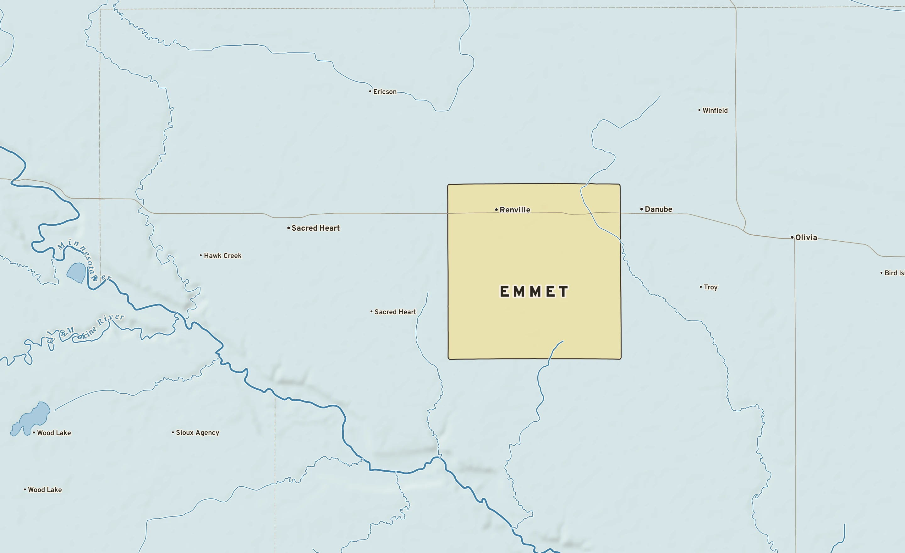 Shaded-relief atlas plate of Emmet, Minnesota: rivers, roads, the city limits and where the water drains.