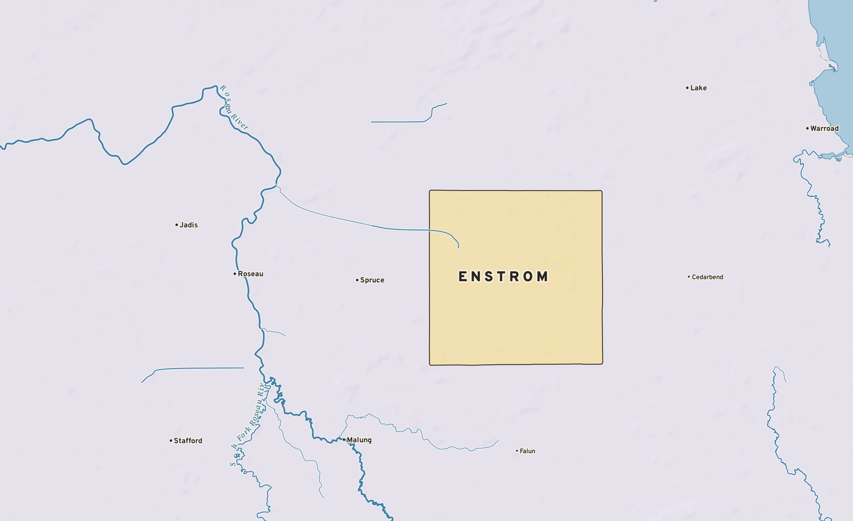 Shaded-relief atlas plate of Enstrom, Minnesota: rivers, roads, the city limits and where the water drains.