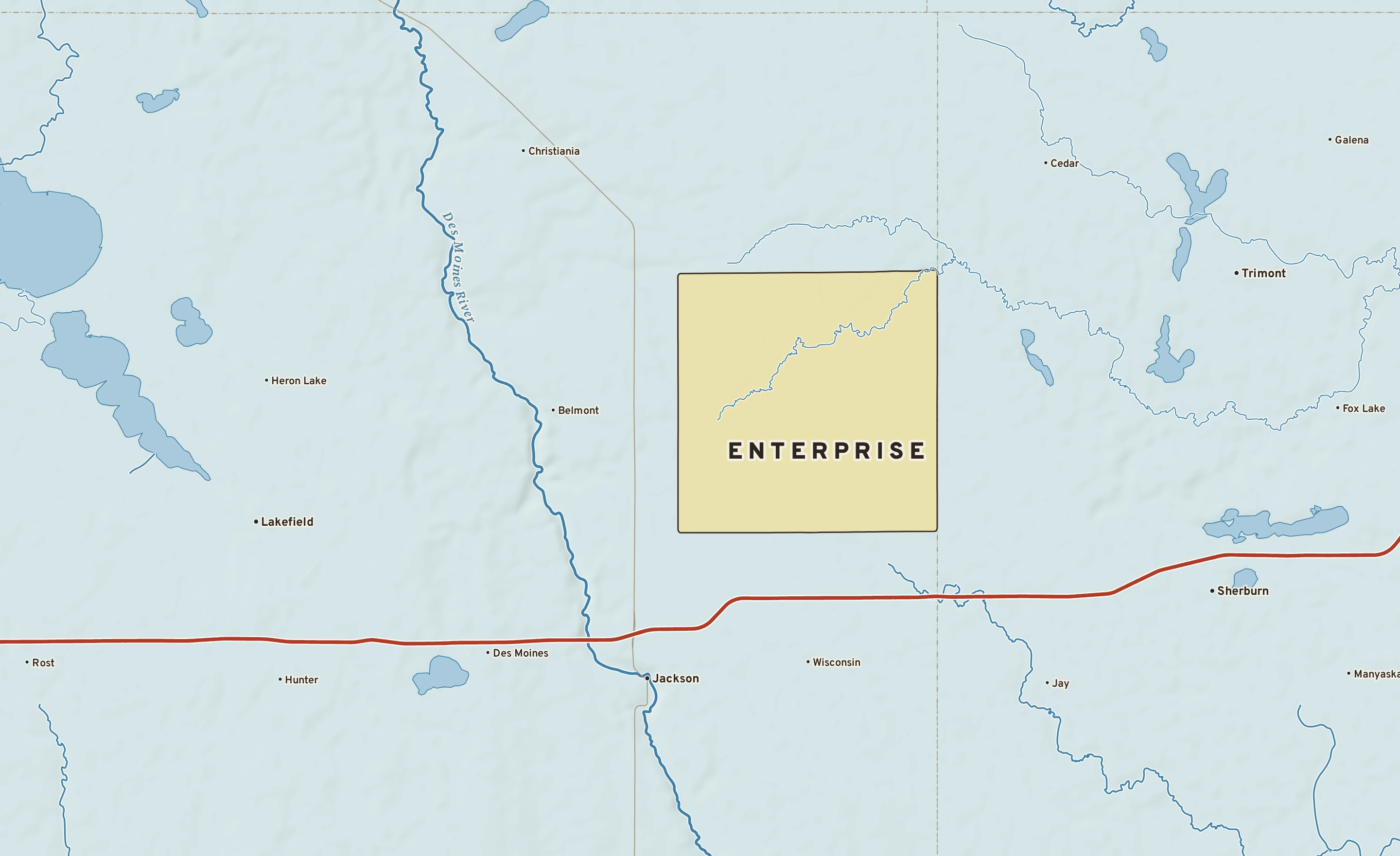 Shaded-relief atlas plate of Enterprise, Minnesota: rivers, roads, the city limits and where the water drains.