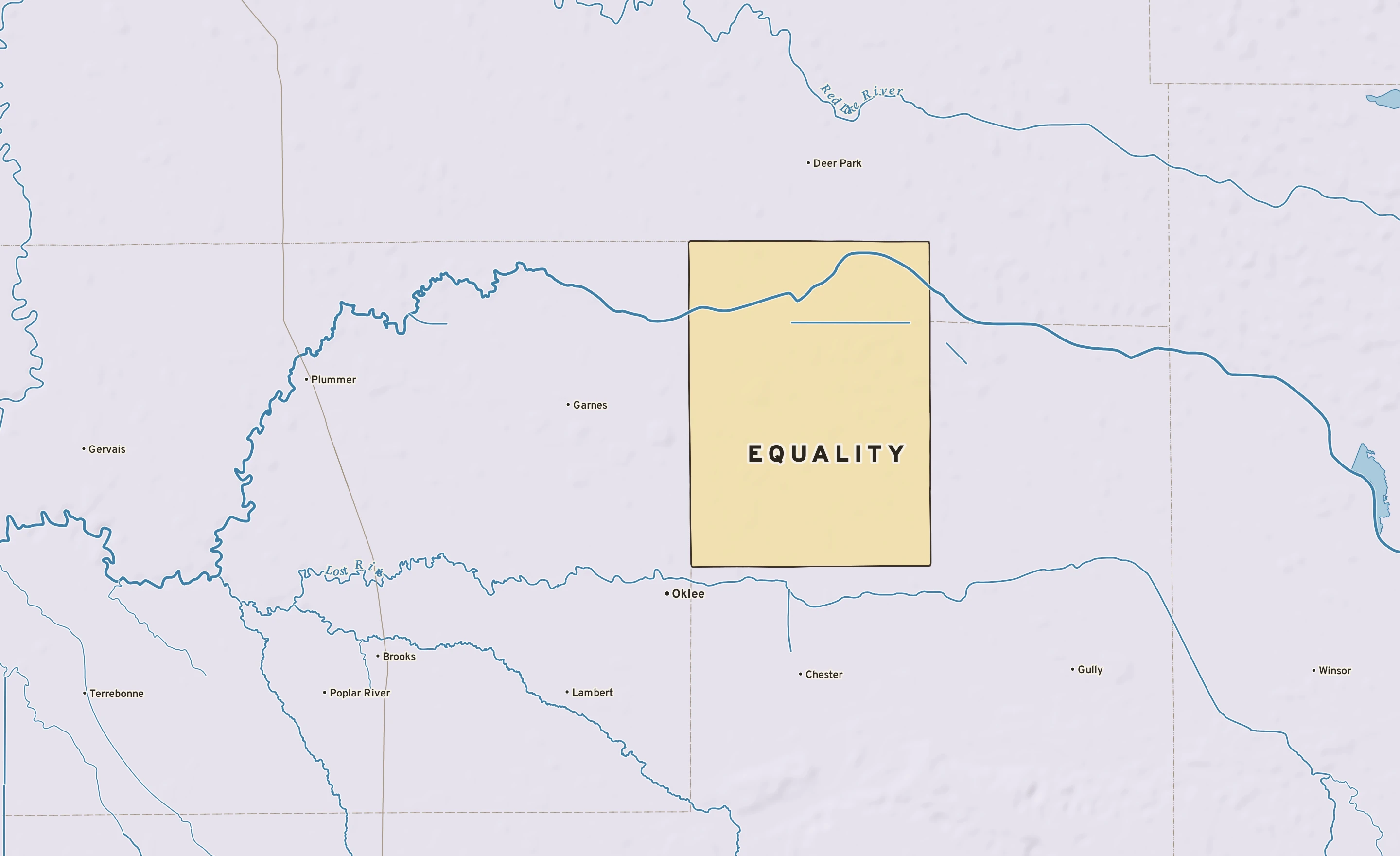 Shaded-relief atlas plate of Equality, Minnesota: rivers, roads, the city limits and where the water drains.