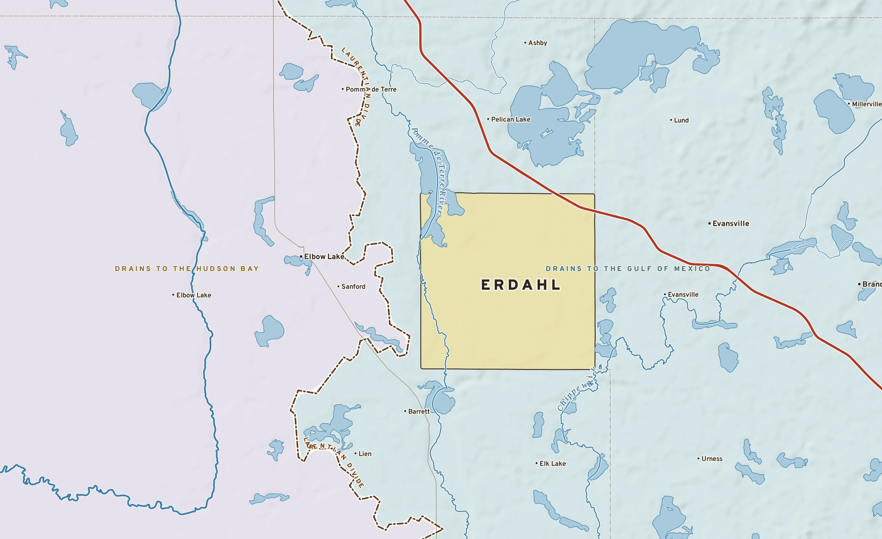 Shaded-relief atlas plate of Erdahl, Minnesota: rivers, roads, the city limits and where the water drains.