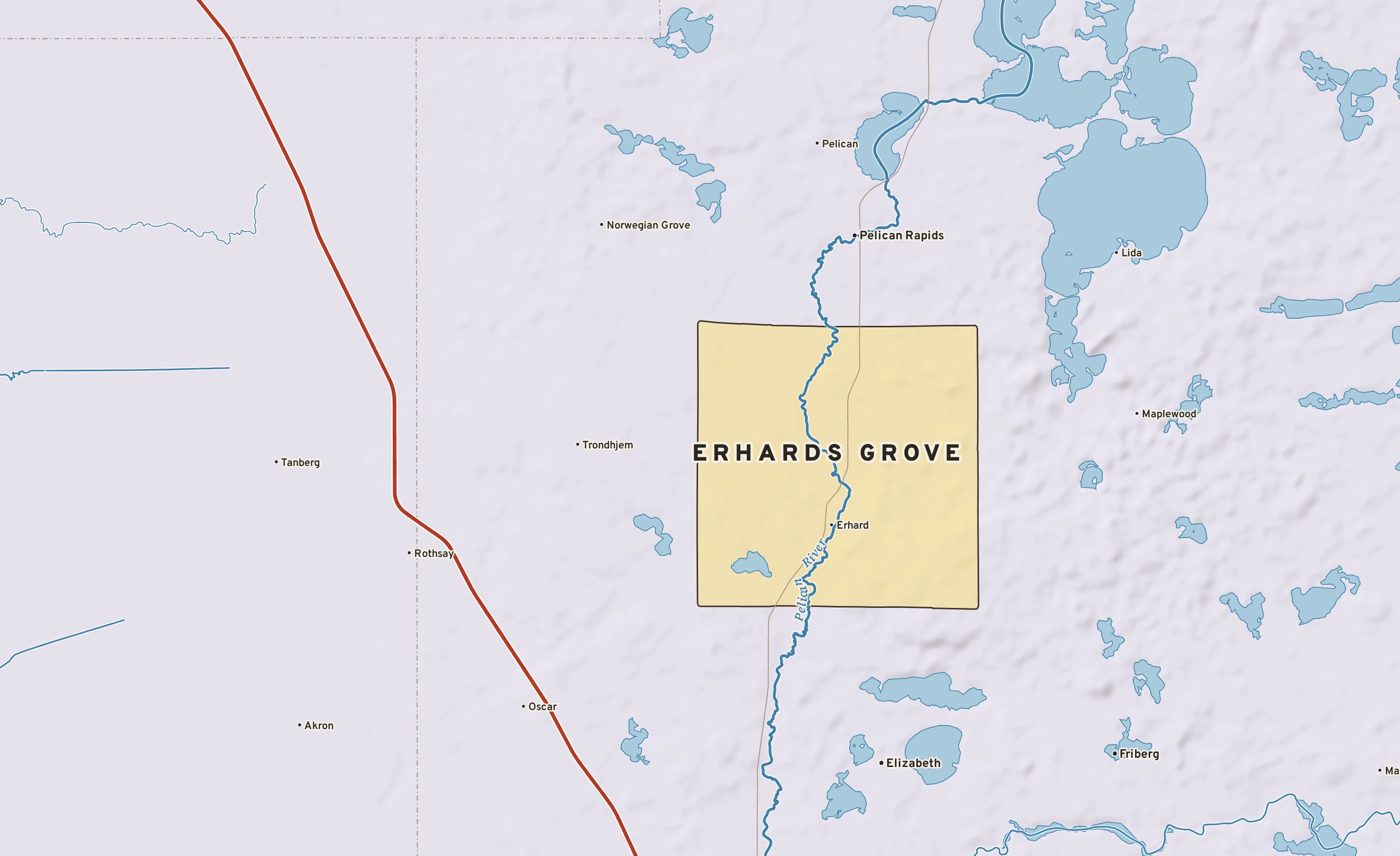 Shaded-relief atlas plate of Erhards Grove, Minnesota: rivers, roads, the city limits and where the water drains.