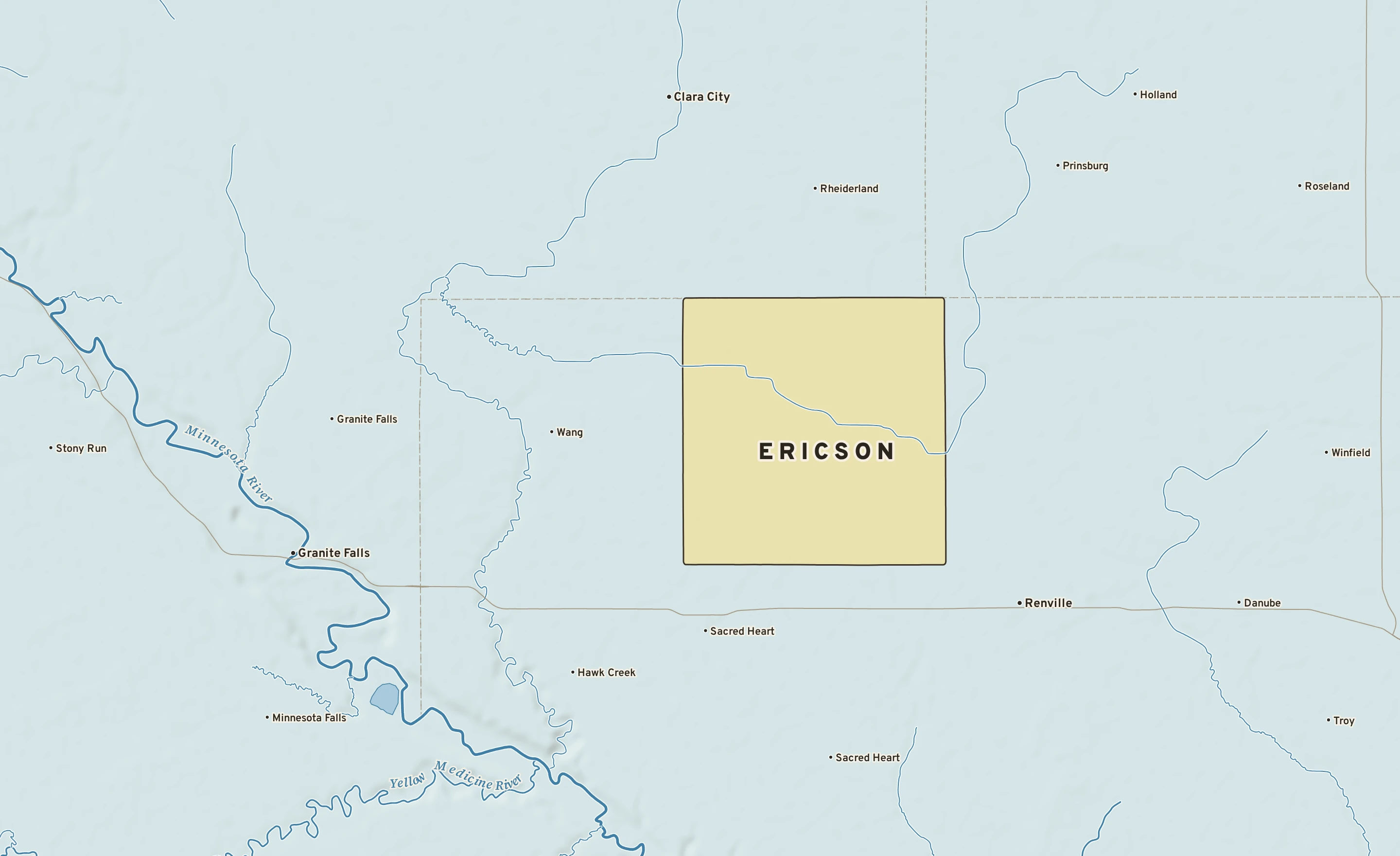 Shaded-relief atlas plate of Ericson, Minnesota: rivers, roads, the city limits and where the water drains.