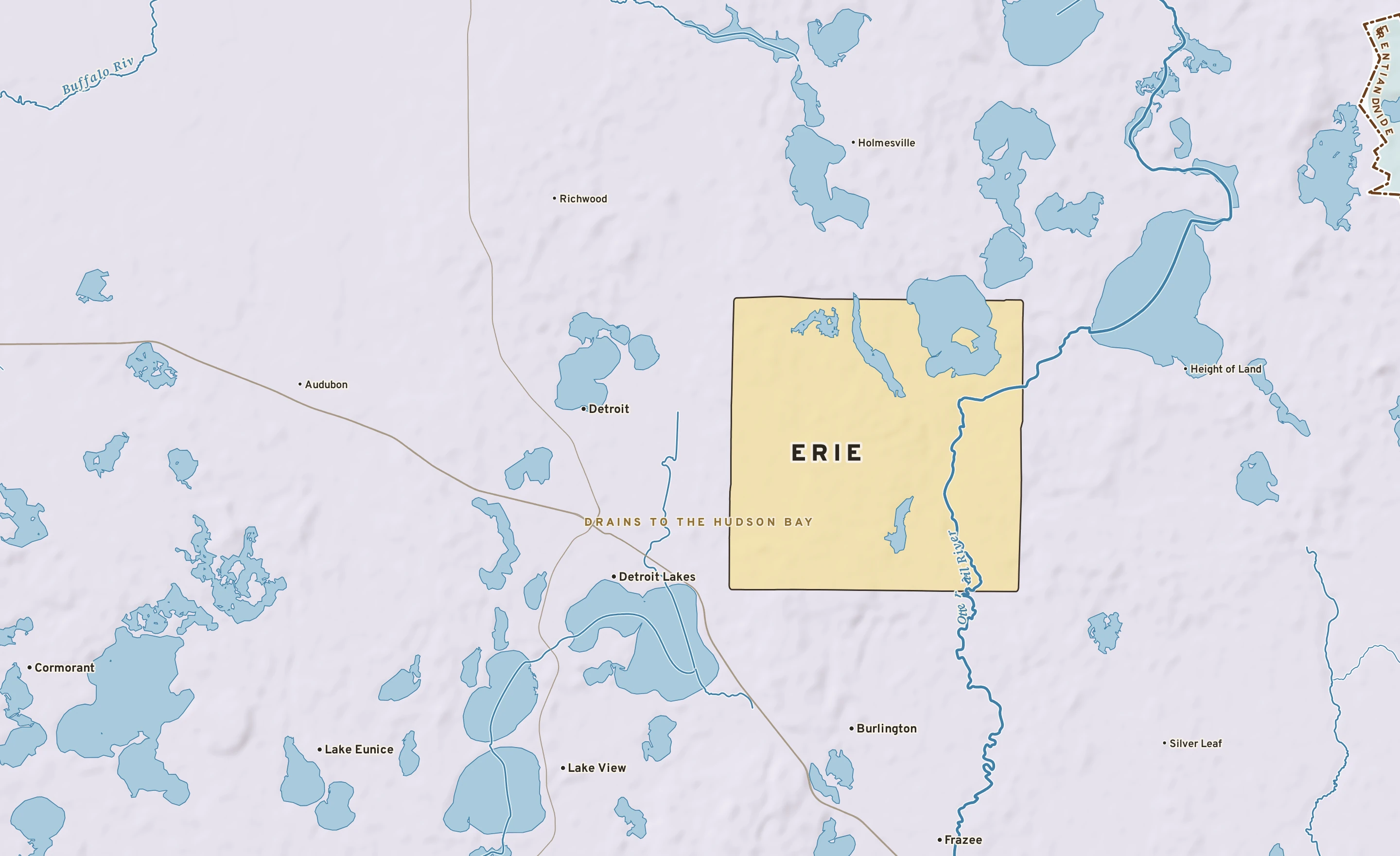 Shaded-relief atlas plate of Erie, Minnesota: rivers, roads, the city limits and where the water drains.