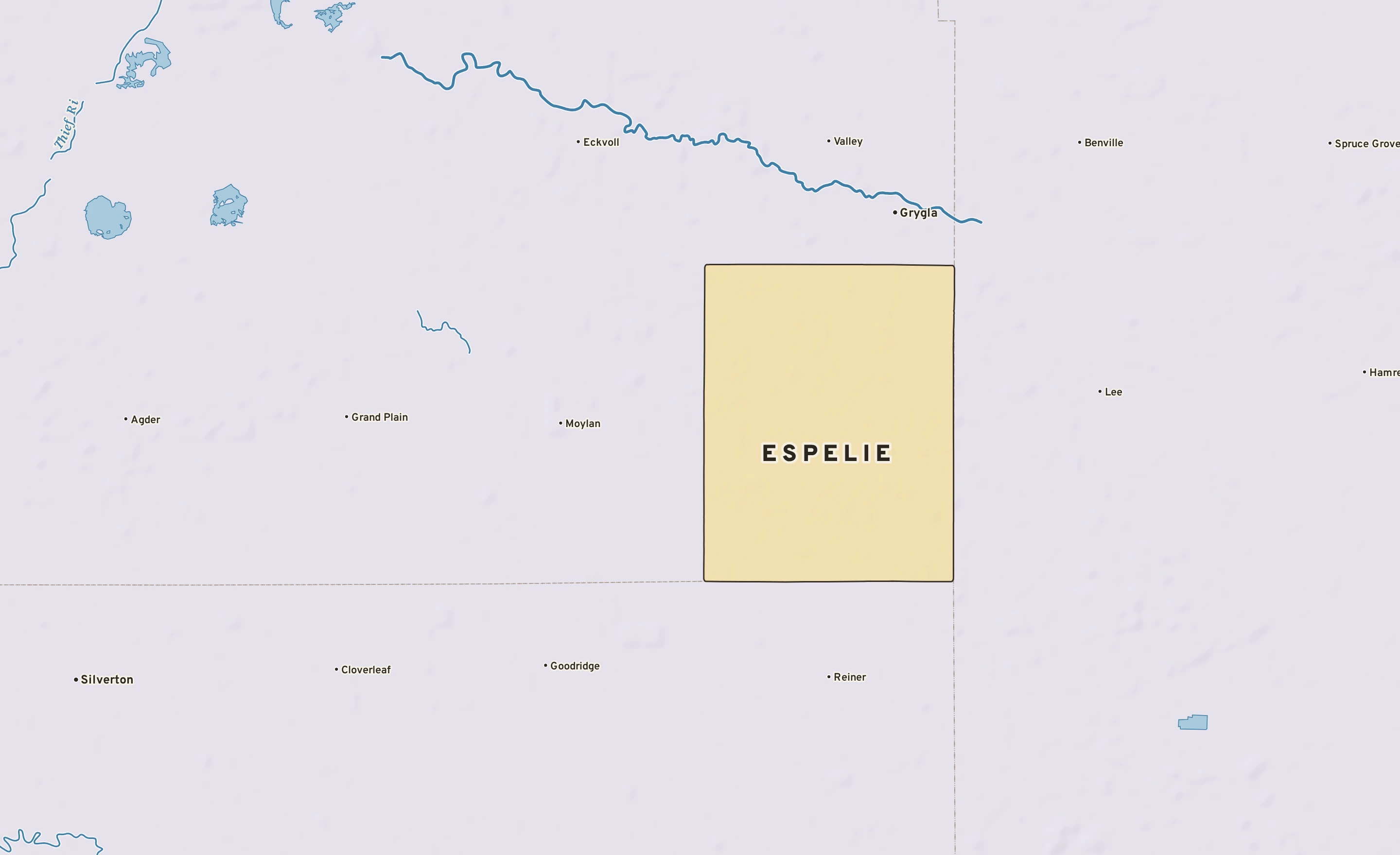 Shaded-relief atlas plate of Espelie, Minnesota: rivers, roads, the city limits and where the water drains.
