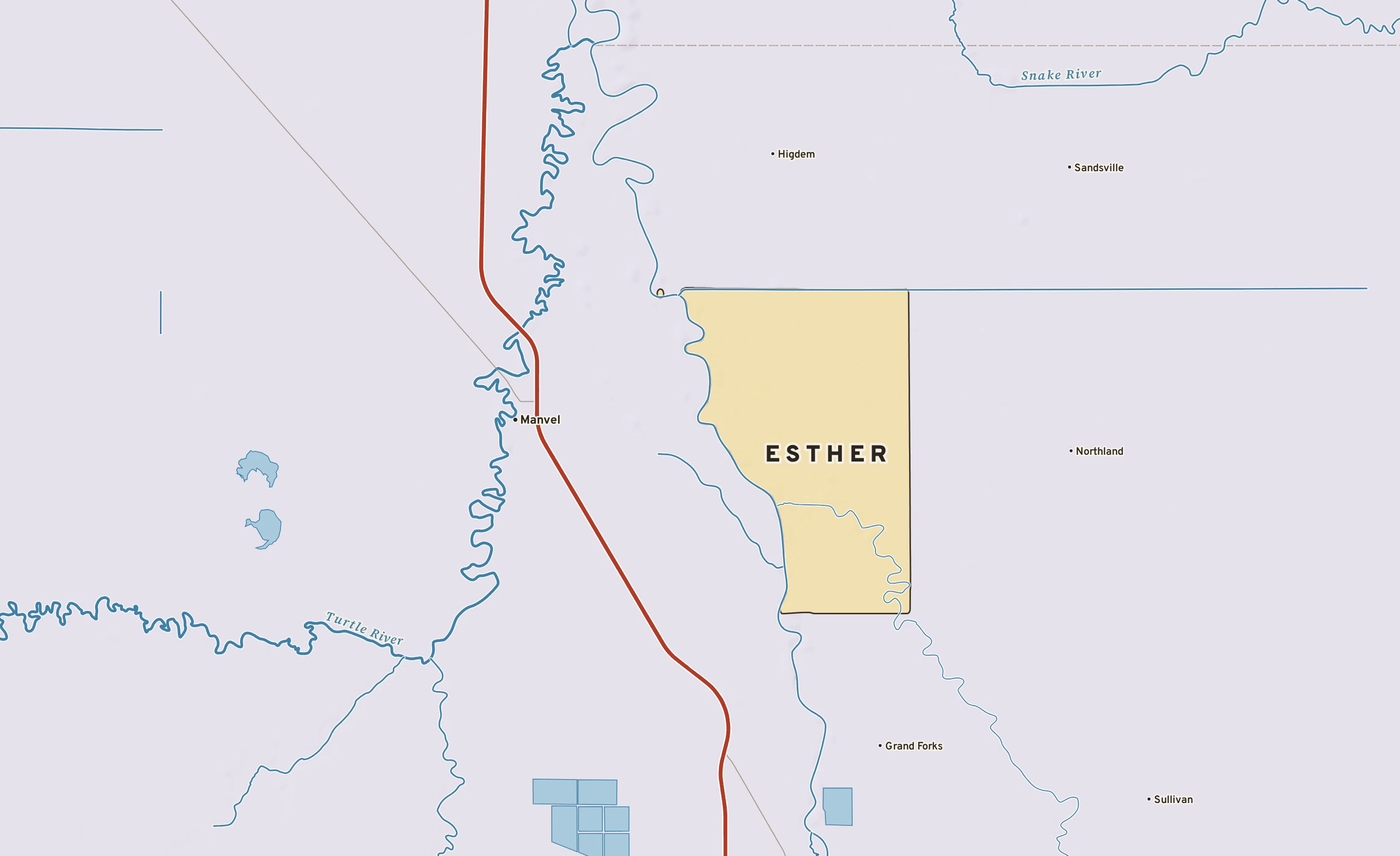 Shaded-relief atlas plate of Esther, Minnesota: rivers, roads, the city limits and where the water drains.