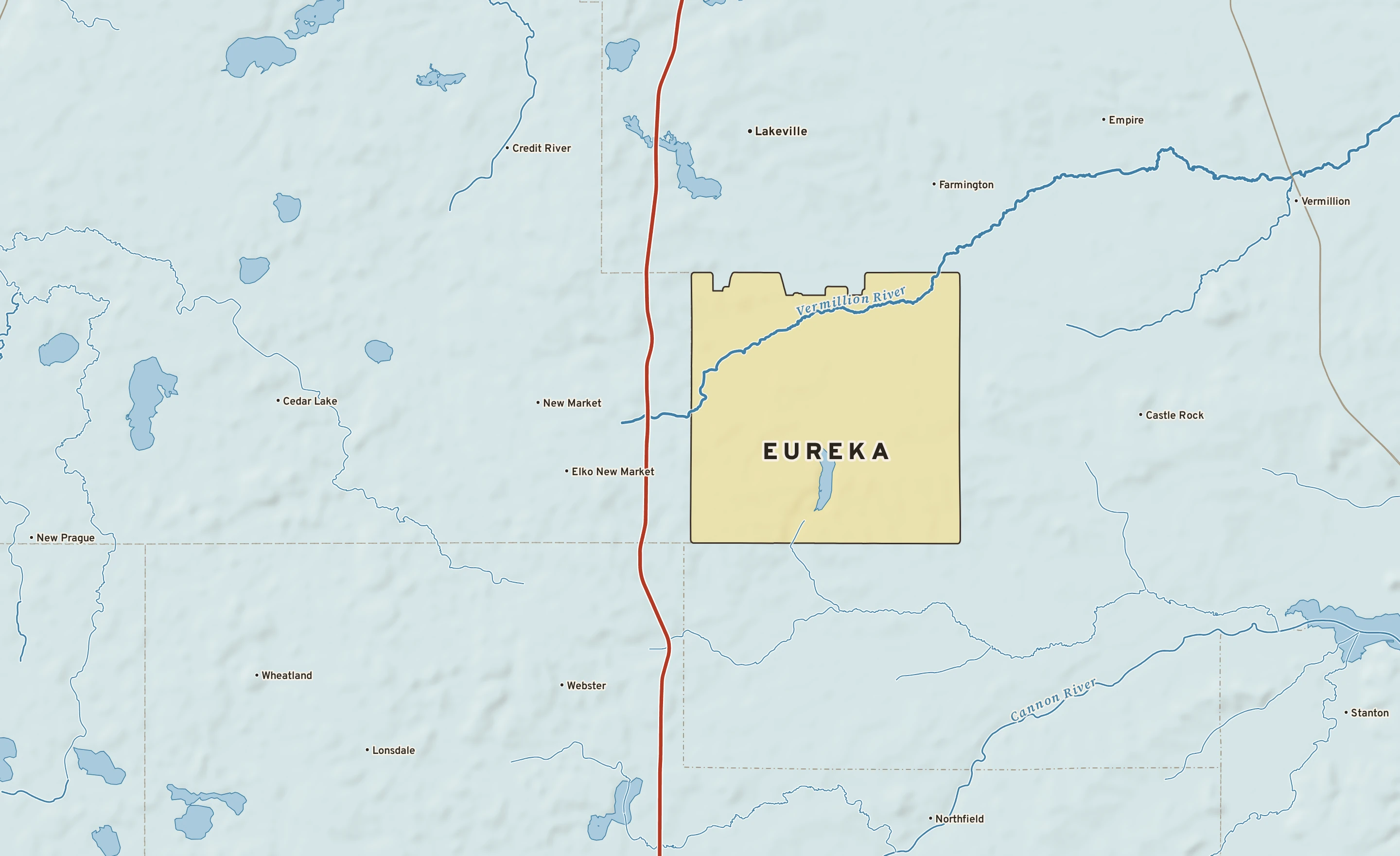 Shaded-relief atlas plate of Eureka, Minnesota: rivers, roads, the city limits and where the water drains.