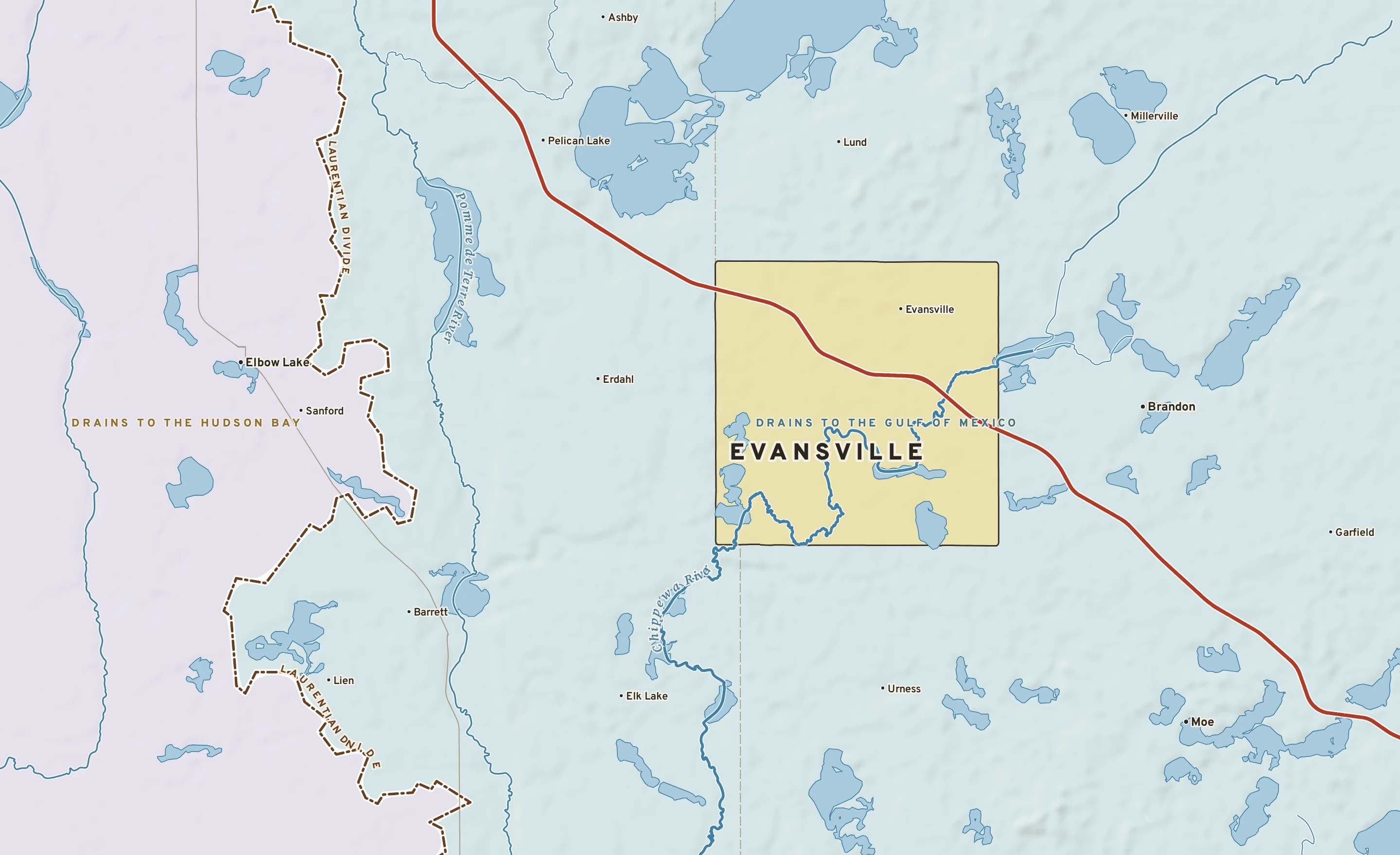 Shaded-relief atlas plate of Evansville, Minnesota: rivers, roads, the city limits and where the water drains.