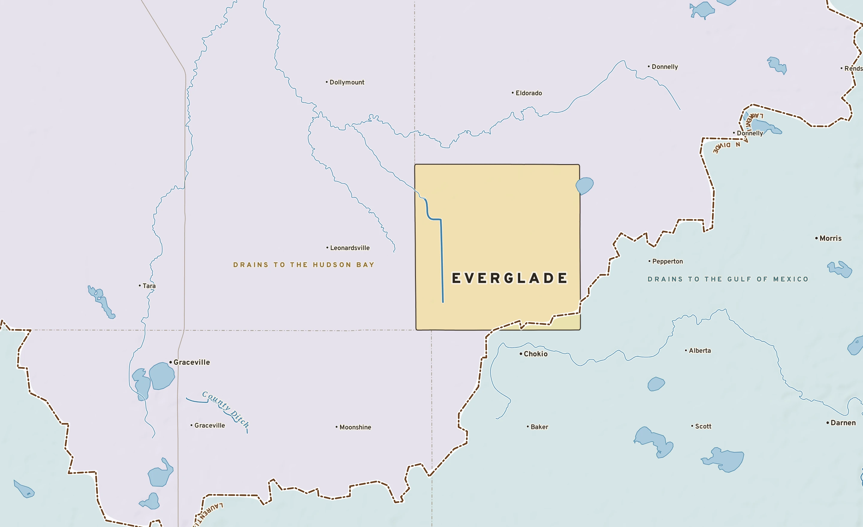 Shaded-relief atlas plate of Everglade, Minnesota: rivers, roads, the city limits and where the water drains.