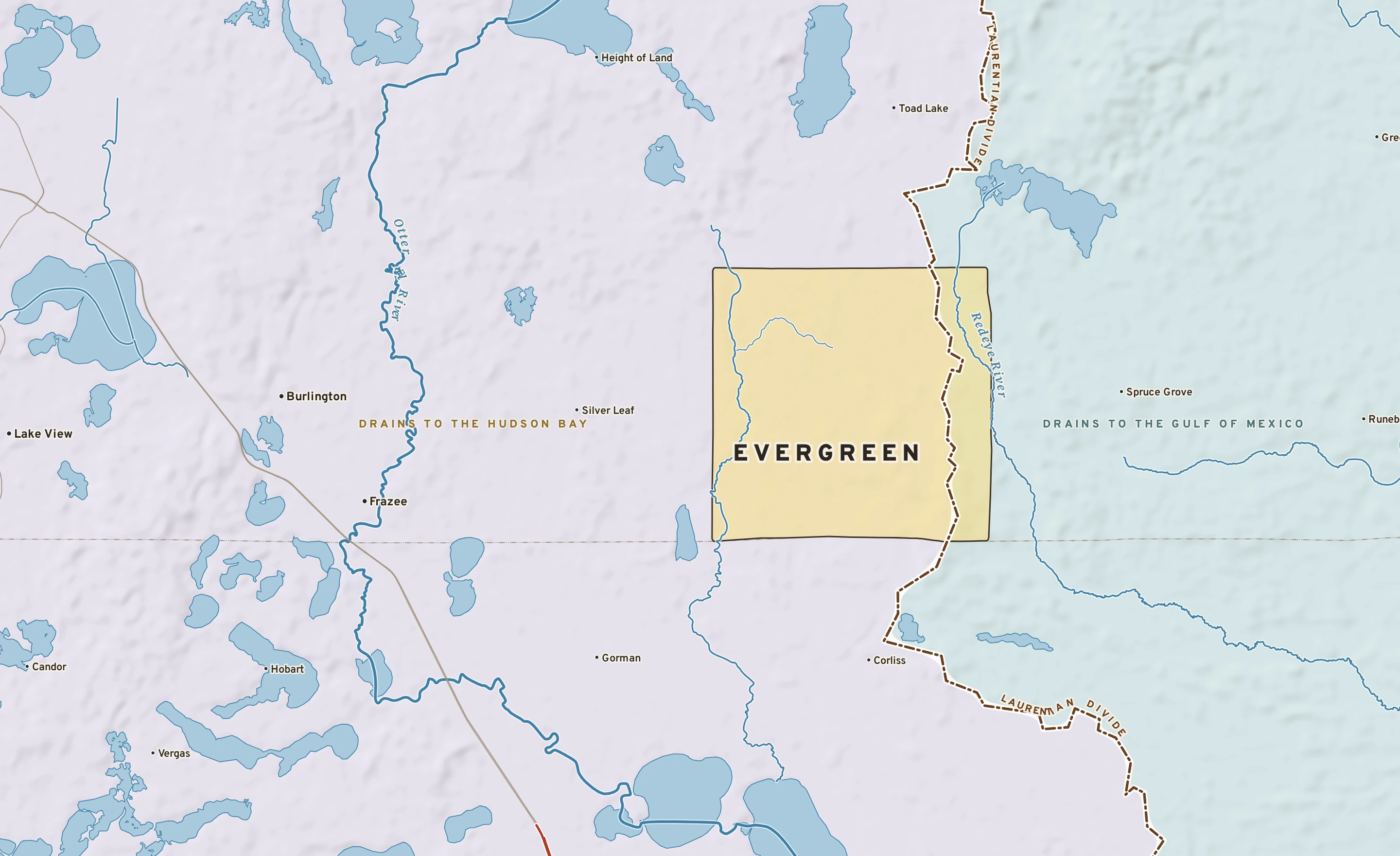 Shaded-relief atlas plate of Evergreen, Minnesota: rivers, roads, the city limits and where the water drains.