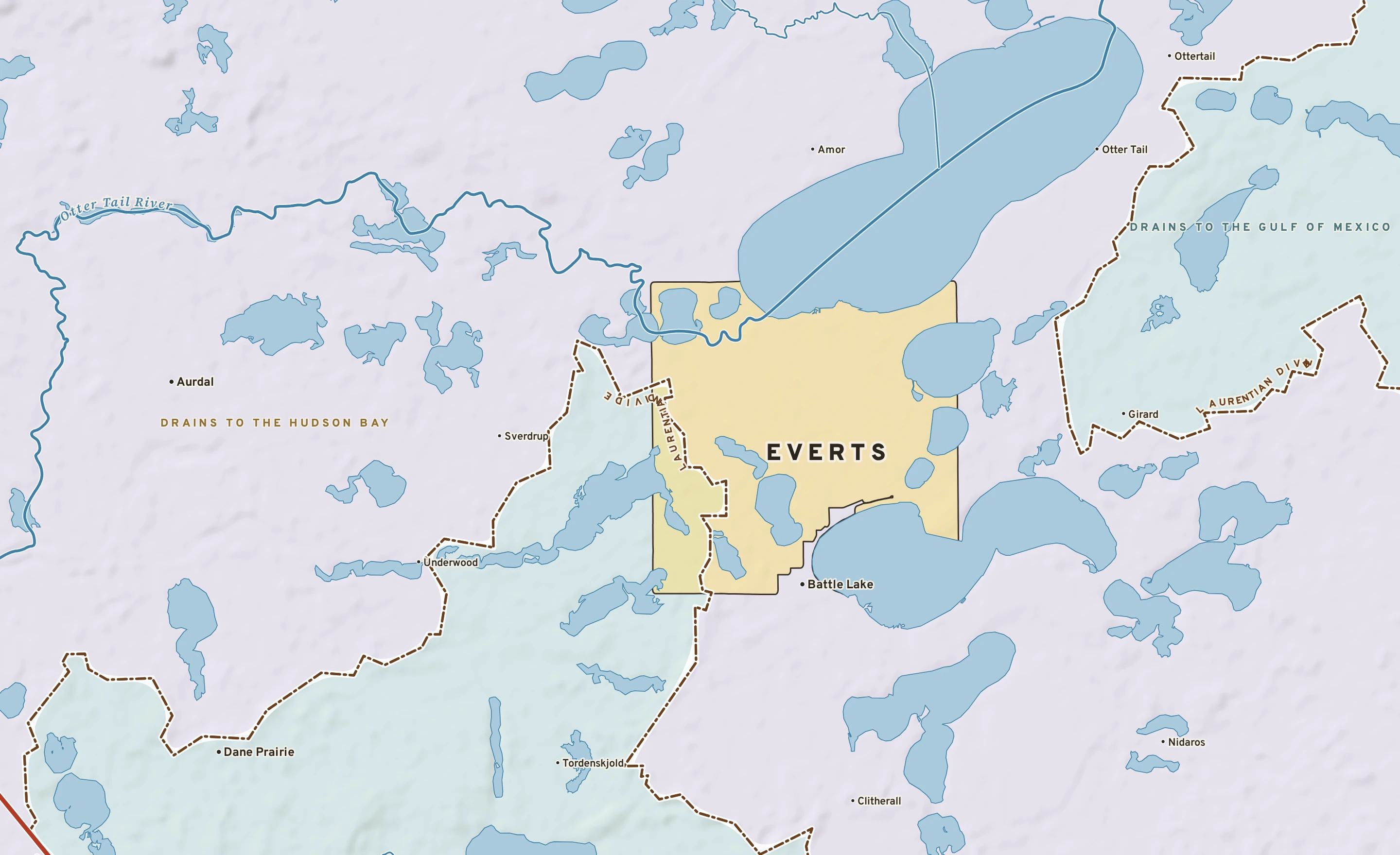 Shaded-relief atlas plate of Everts, Minnesota: rivers, roads, the city limits and where the water drains.