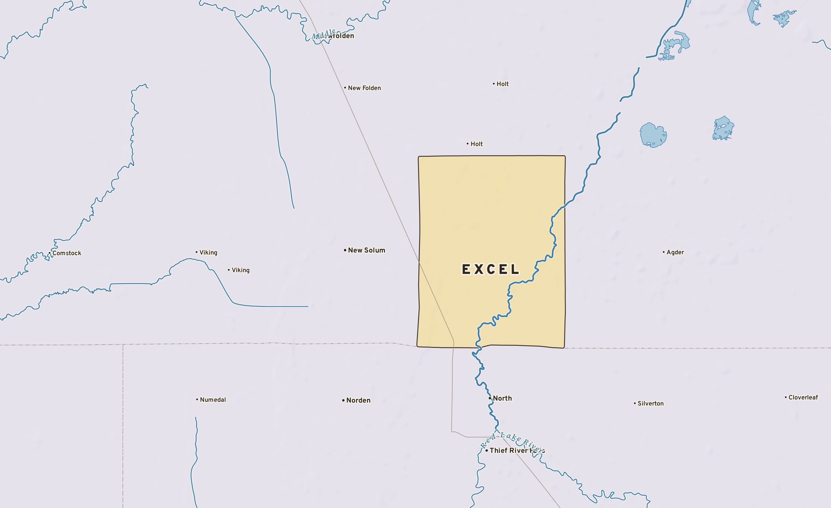 Shaded-relief atlas plate of Excel, Minnesota: rivers, roads, the city limits and where the water drains.