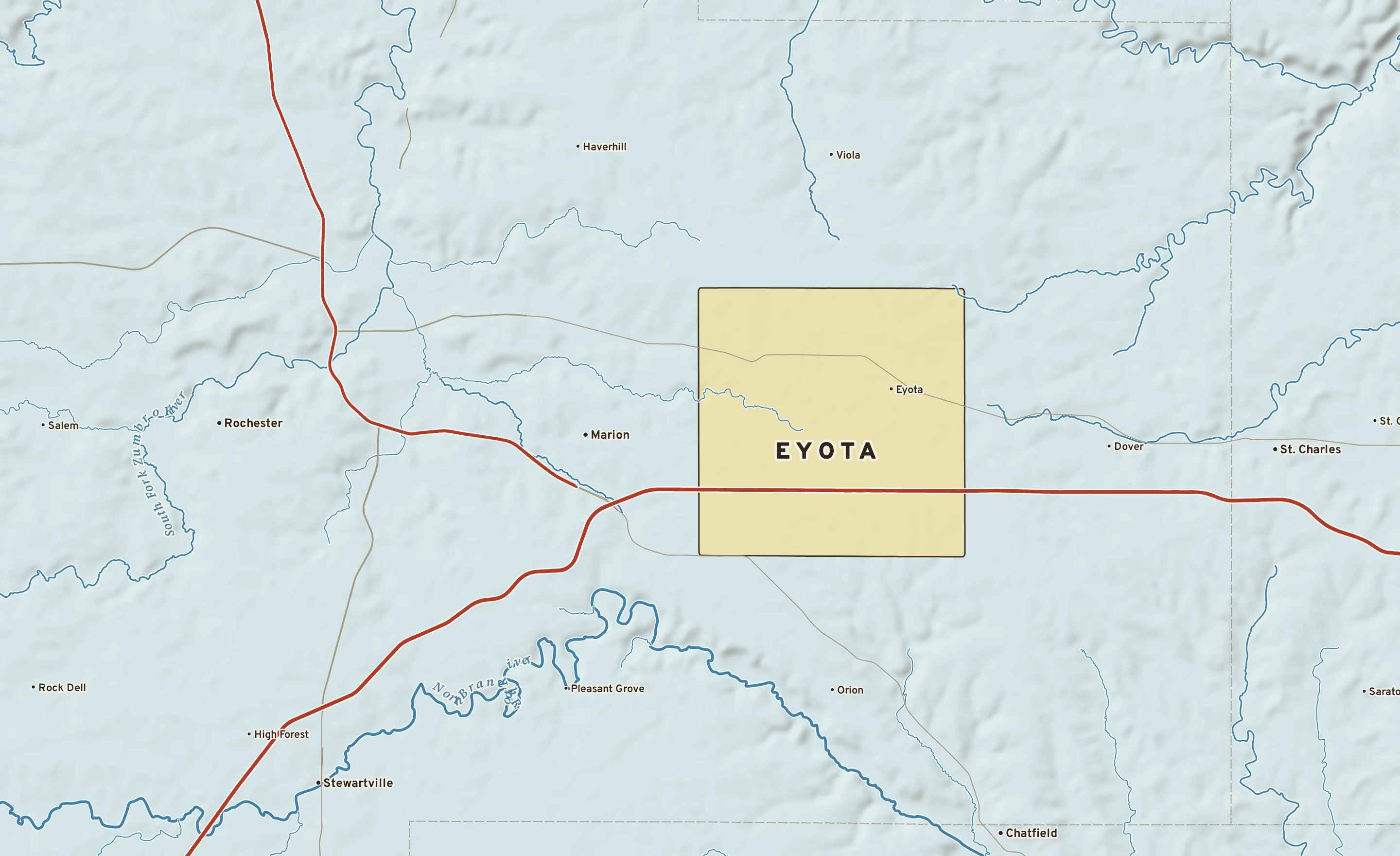 Shaded-relief atlas plate of Eyota, Minnesota: rivers, roads, the city limits and where the water drains.