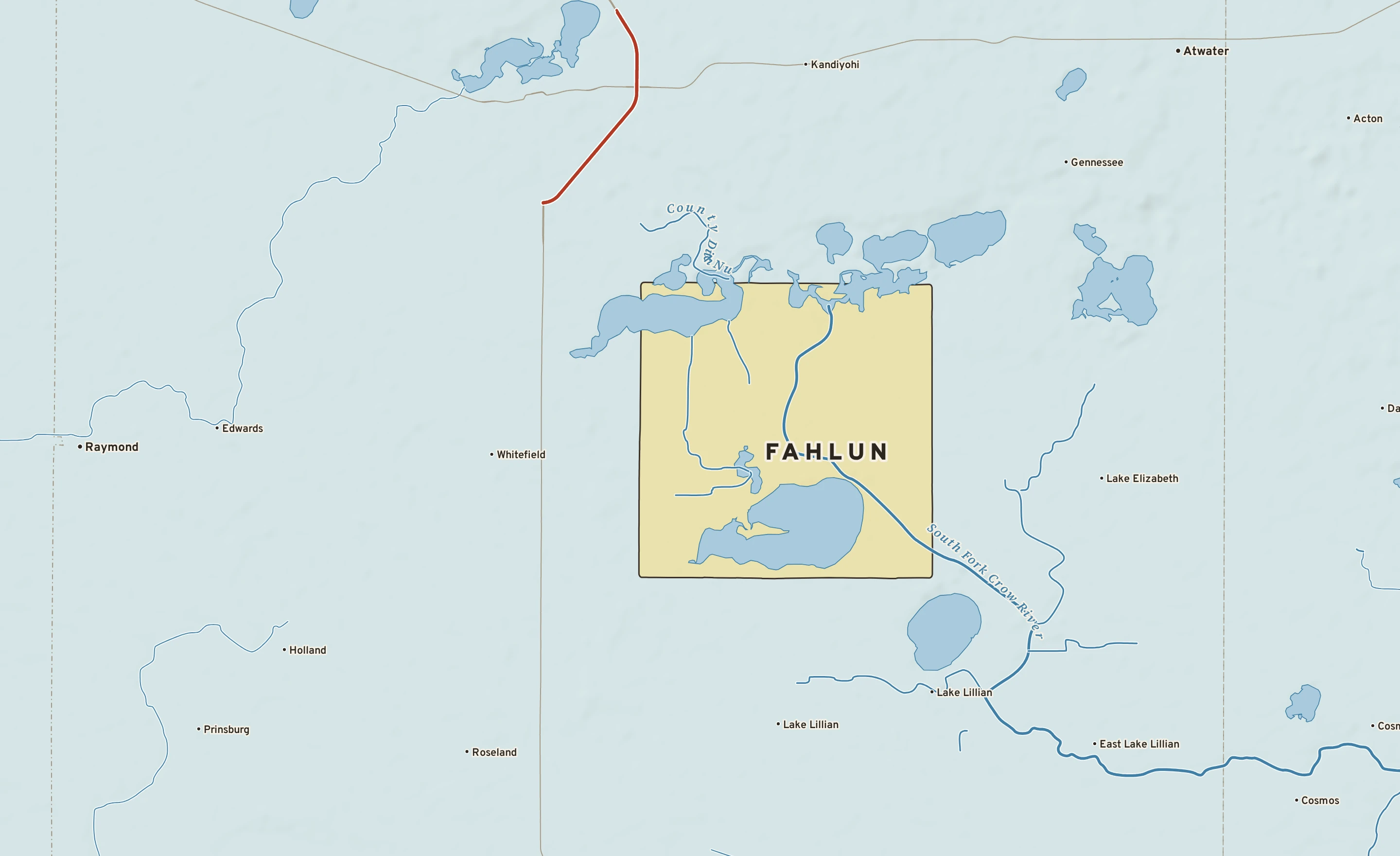 Shaded-relief atlas plate of Fahlun, Minnesota: rivers, roads, the city limits and where the water drains.