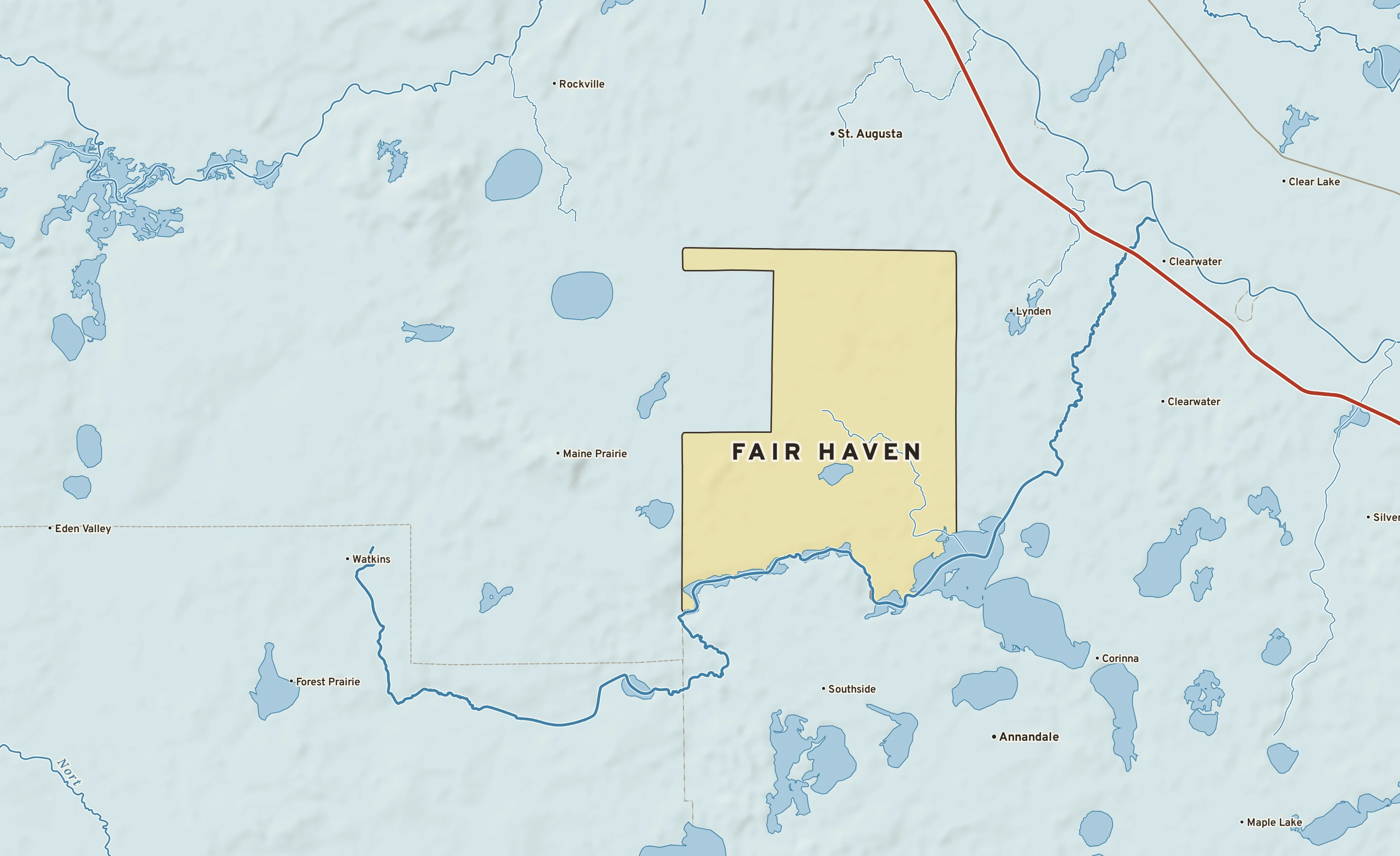 Shaded-relief atlas plate of Fair Haven, Minnesota: rivers, roads, the city limits and where the water drains.